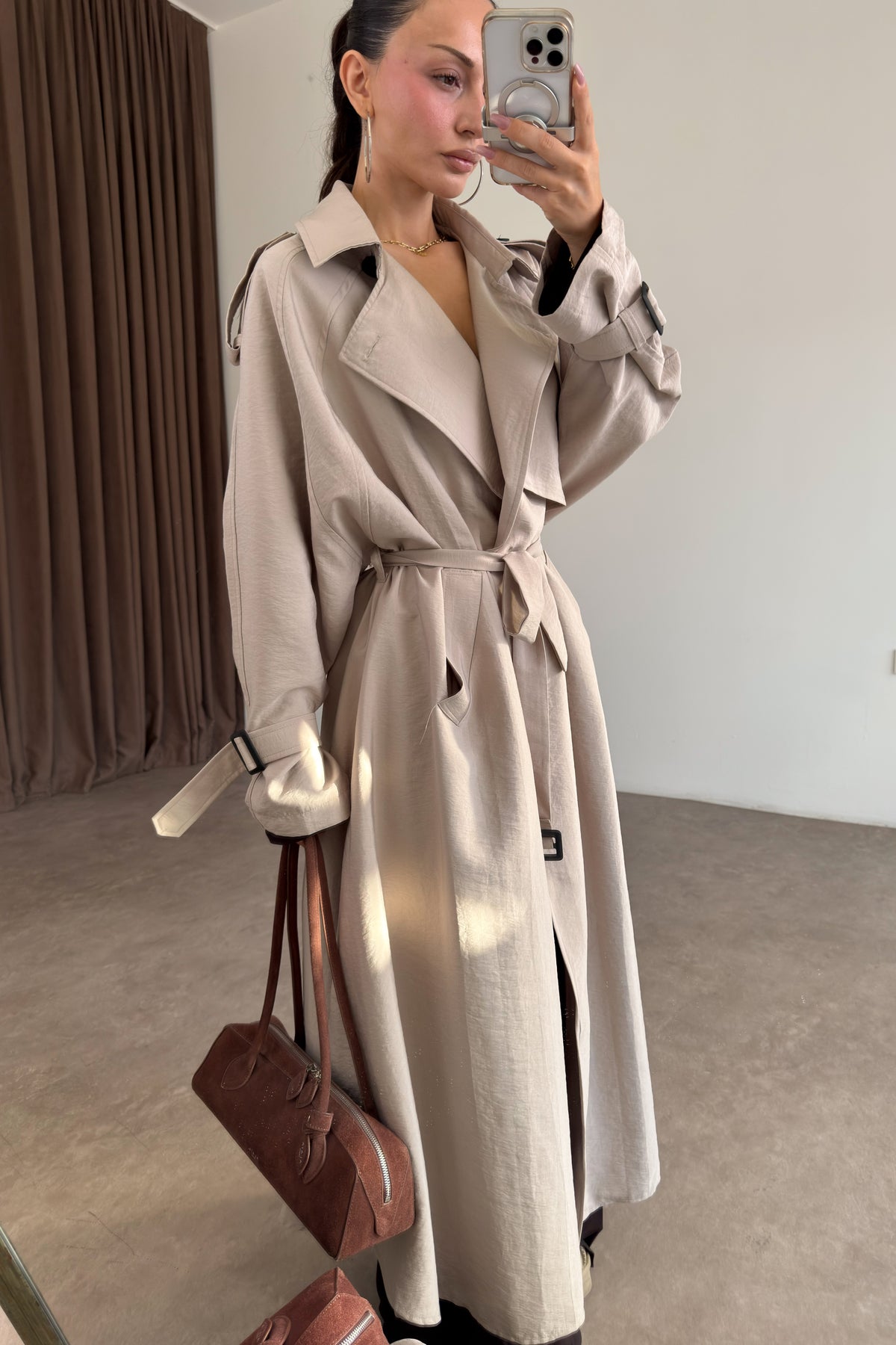 Premium Oversize Dökümlü Uzun Taş Trençkot