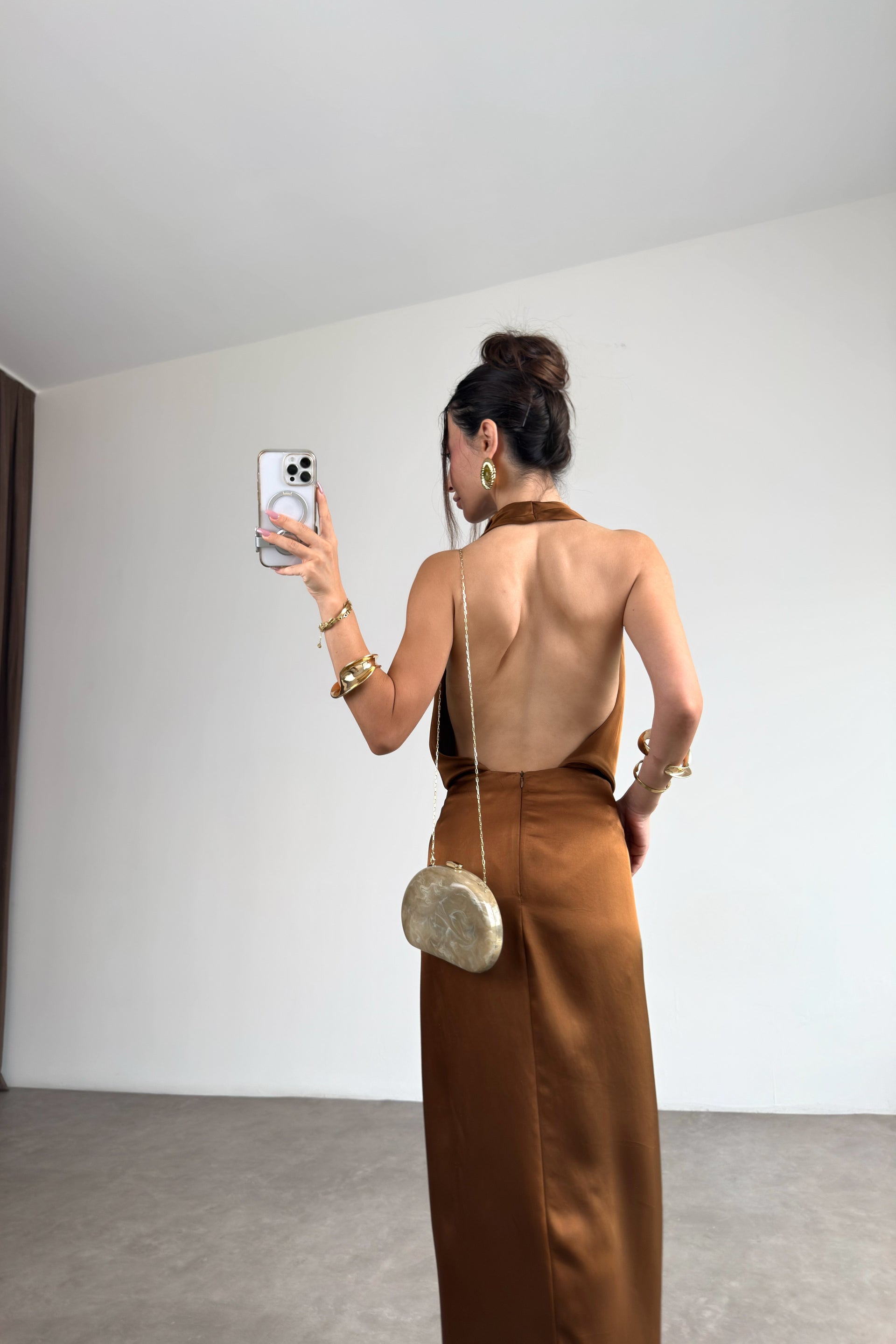 Zra Orj. Bronz Saten Degaje Yaka Sırt Dekolteli Elbise
