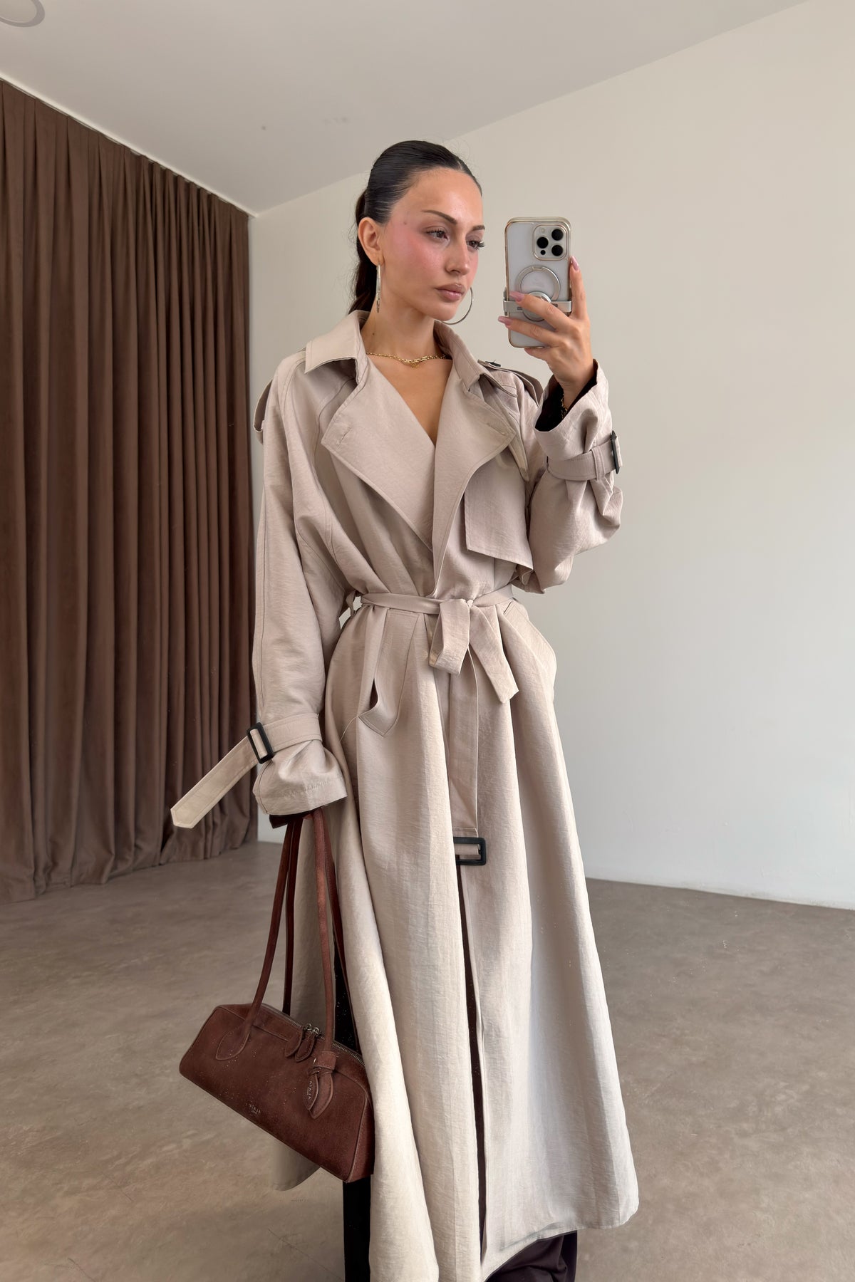 Premium Oversize Dökümlü Uzun Taş Trençkot