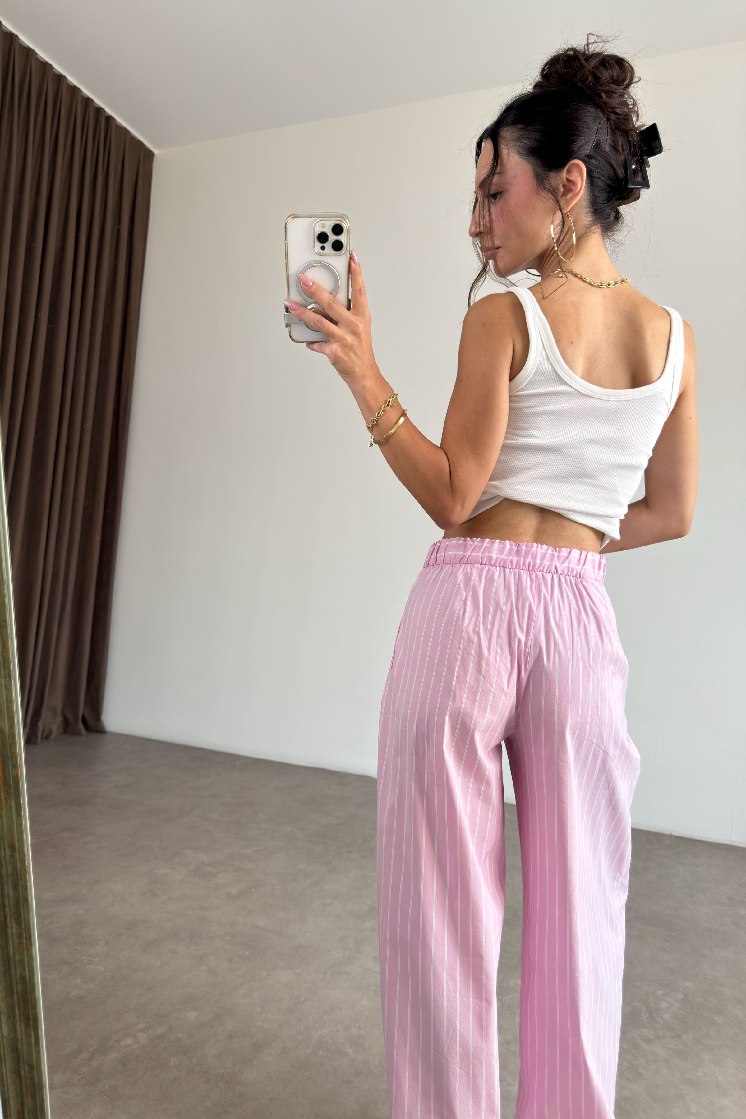 Zr Pembe Beyaz Çizgili Pantolon