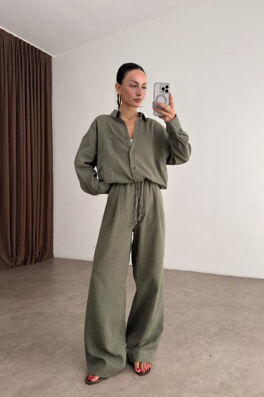 Bymn Oversize Müslin Gömlek Pantolon Haki Takım