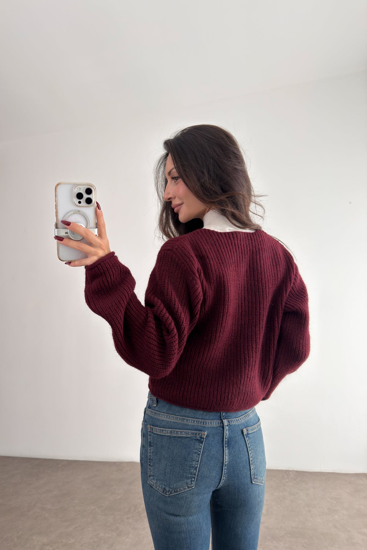 Eskitme Gold Düğmeli Bordo Hırka