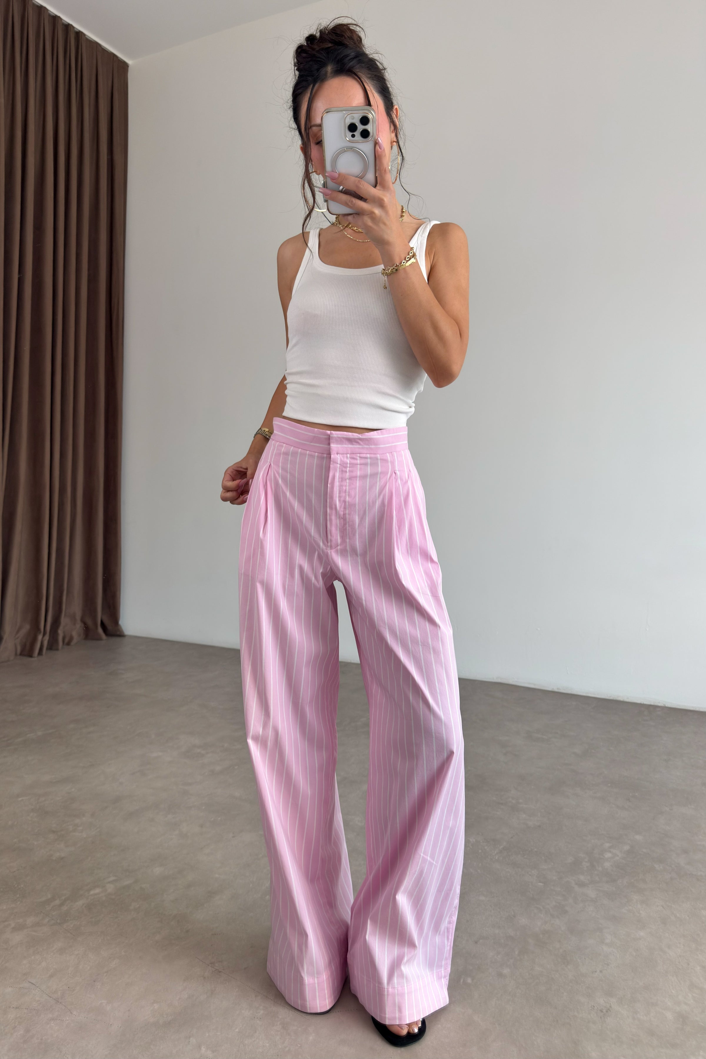 Zr Pembe Beyaz Çizgili Pantolon