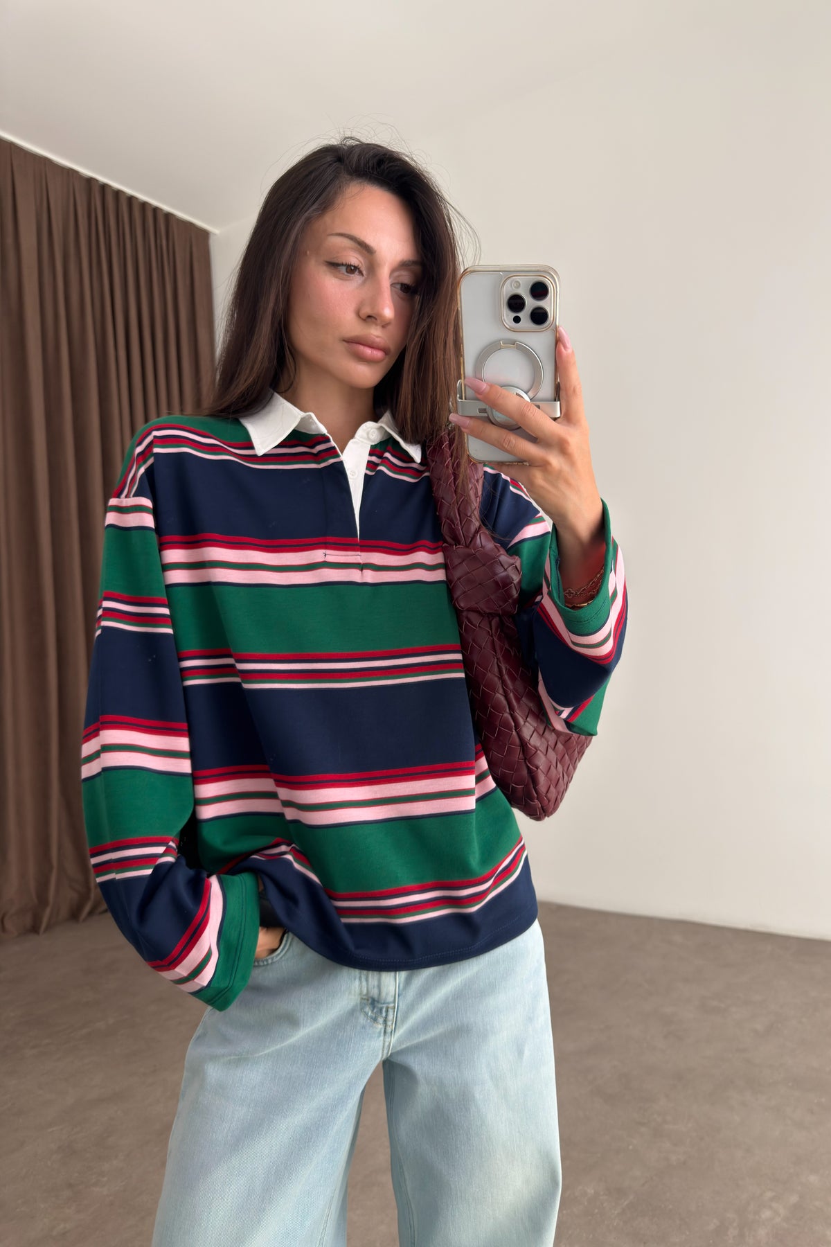Zr Model Polo Yaka Yeşil Pembe Çizgili Tişört