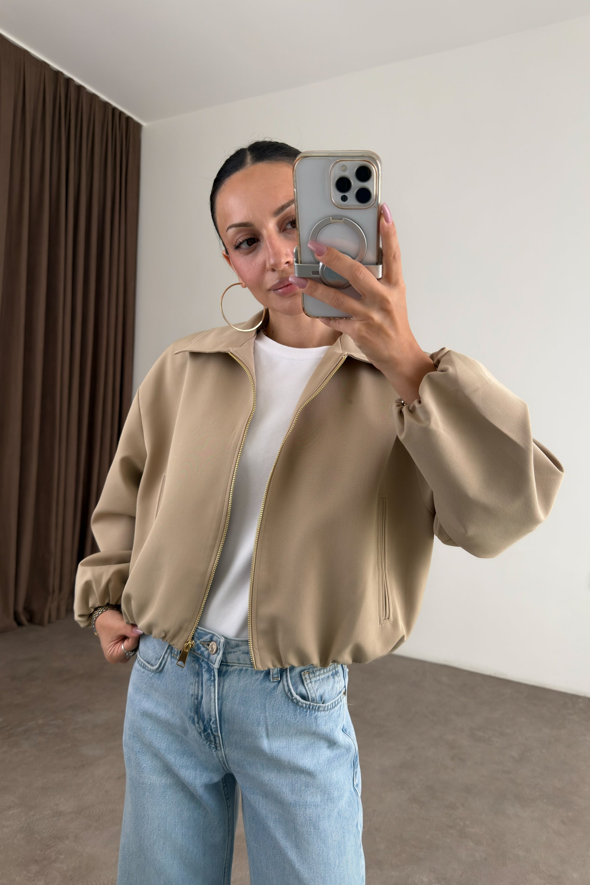Premium Polo Yaka Bej Bomber Ceket