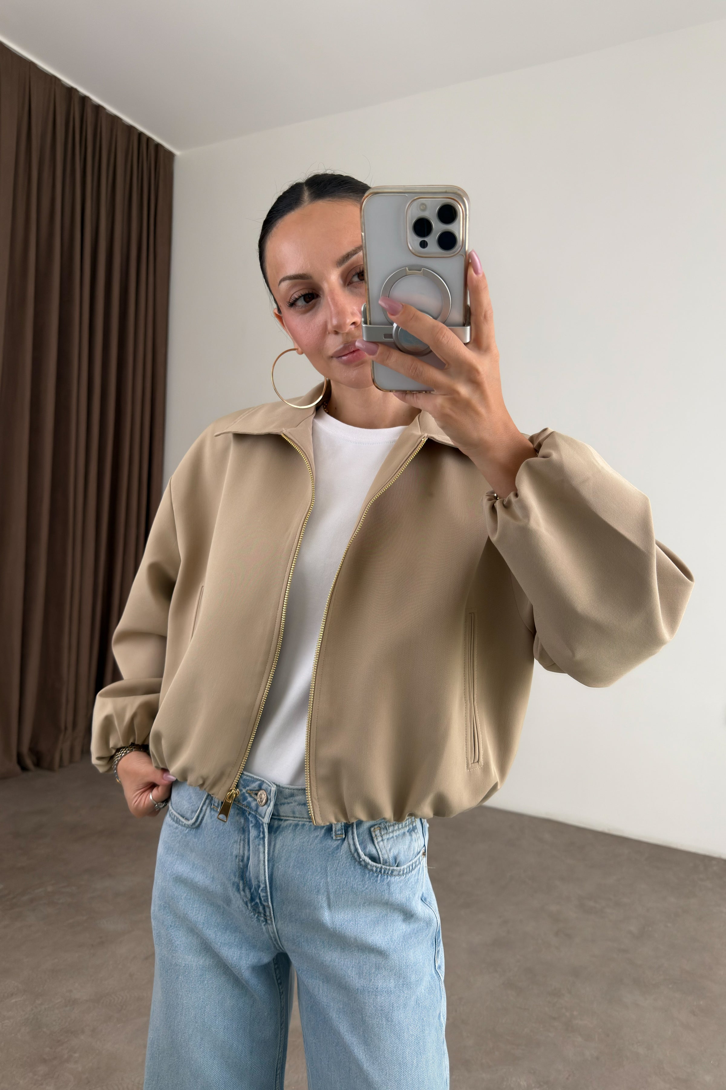 Premium Polo Yaka Bej Bomber Ceket