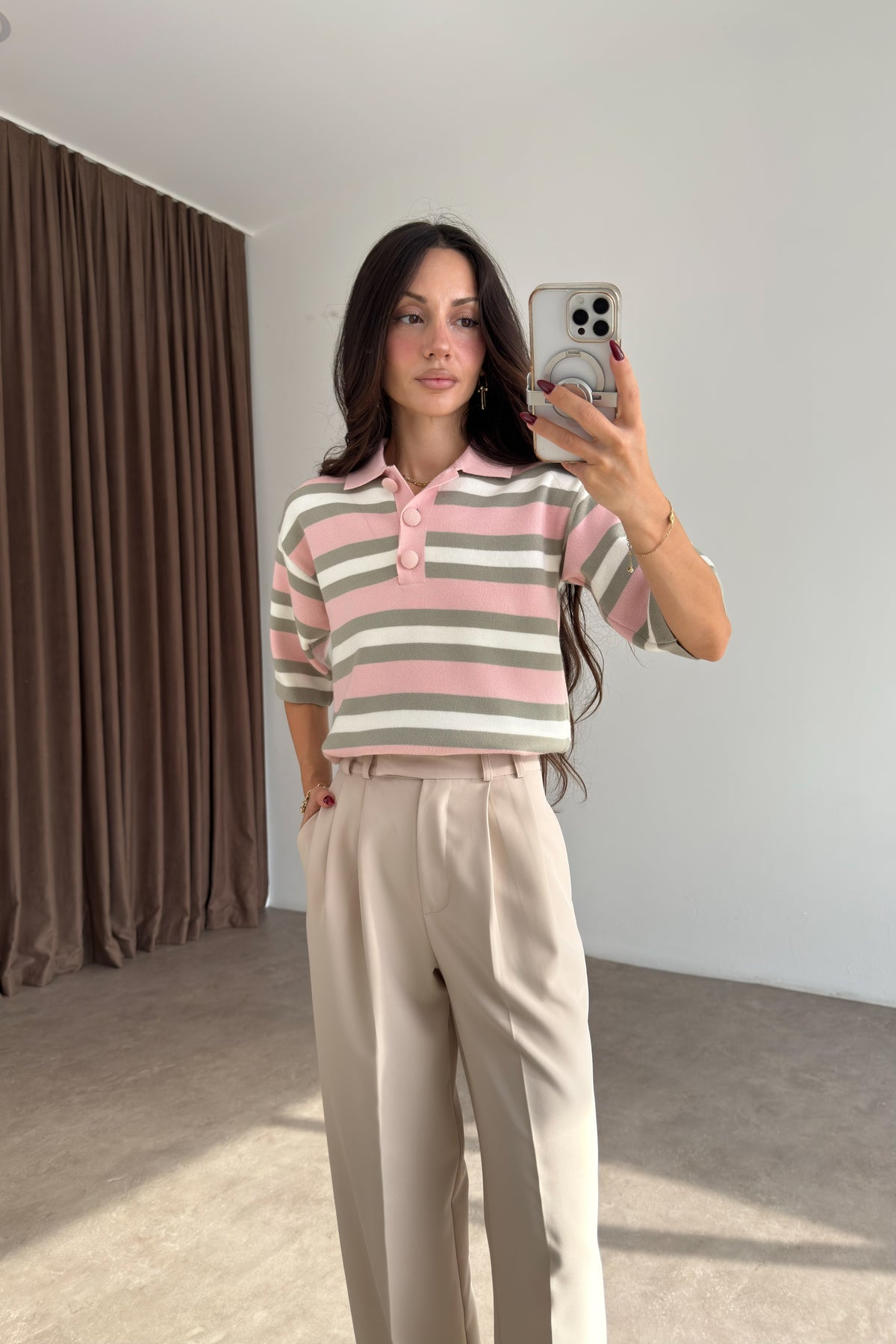 Asos Orj Pembe Çizgili Polo Yaka Kazak