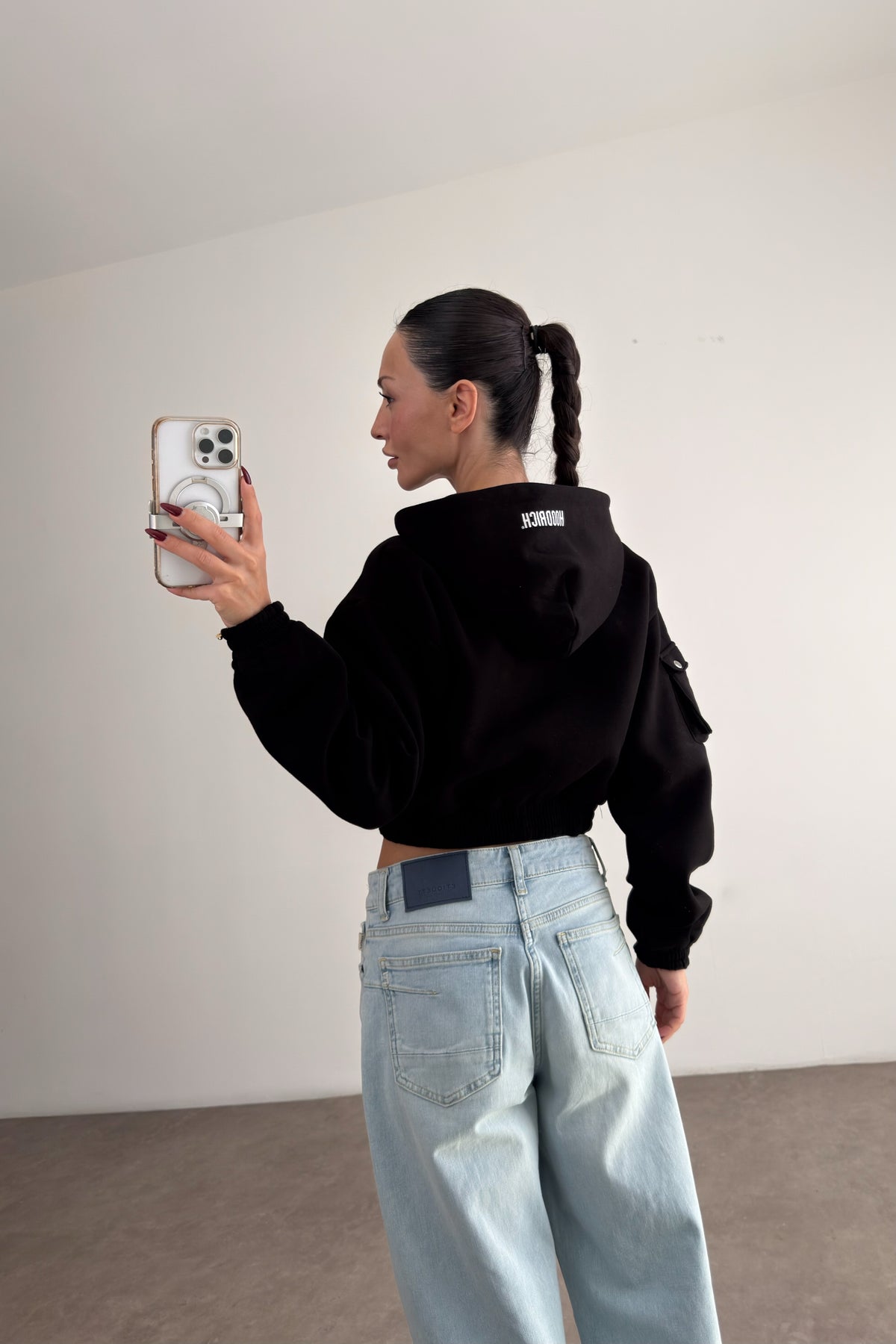 Hoodrich Şardonlu Nakış Detaylı Siyah Fermuarlı Sweatshirt
