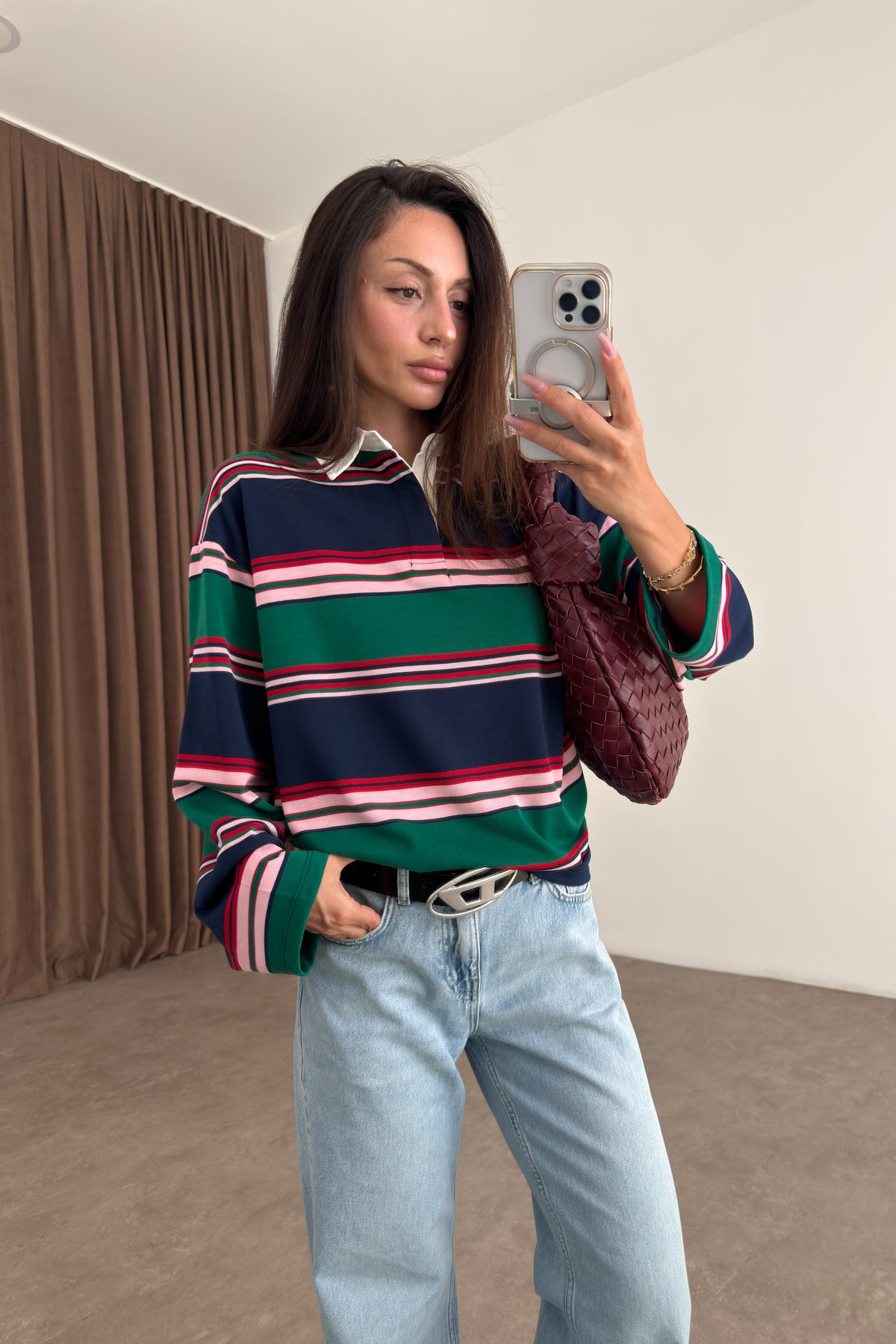 Zr Model Polo Yaka Yeşil Pembe Çizgili Tişört