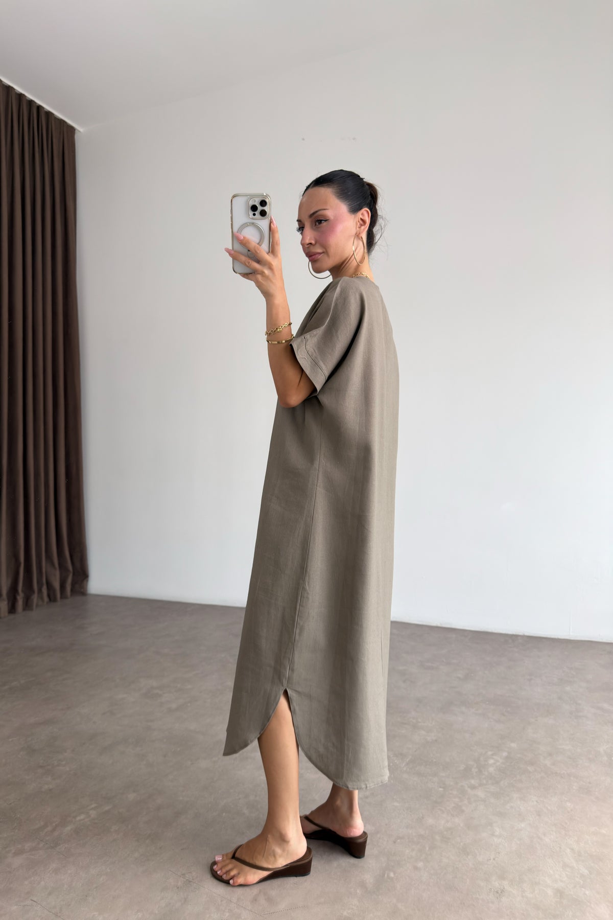 Premium Linen Keten Elbise Vizon