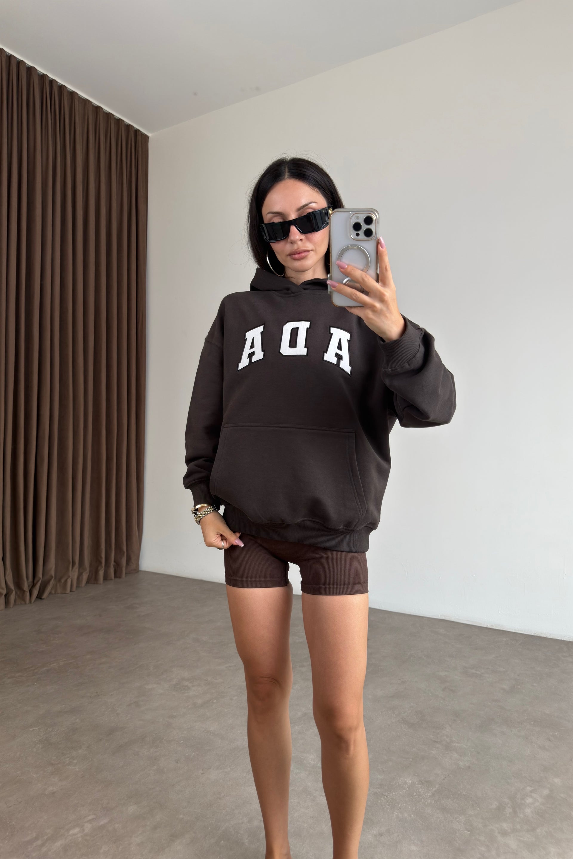 Orijinal Marka Ada Kahve Kapüşonlu Şardonlu Sweatshirt