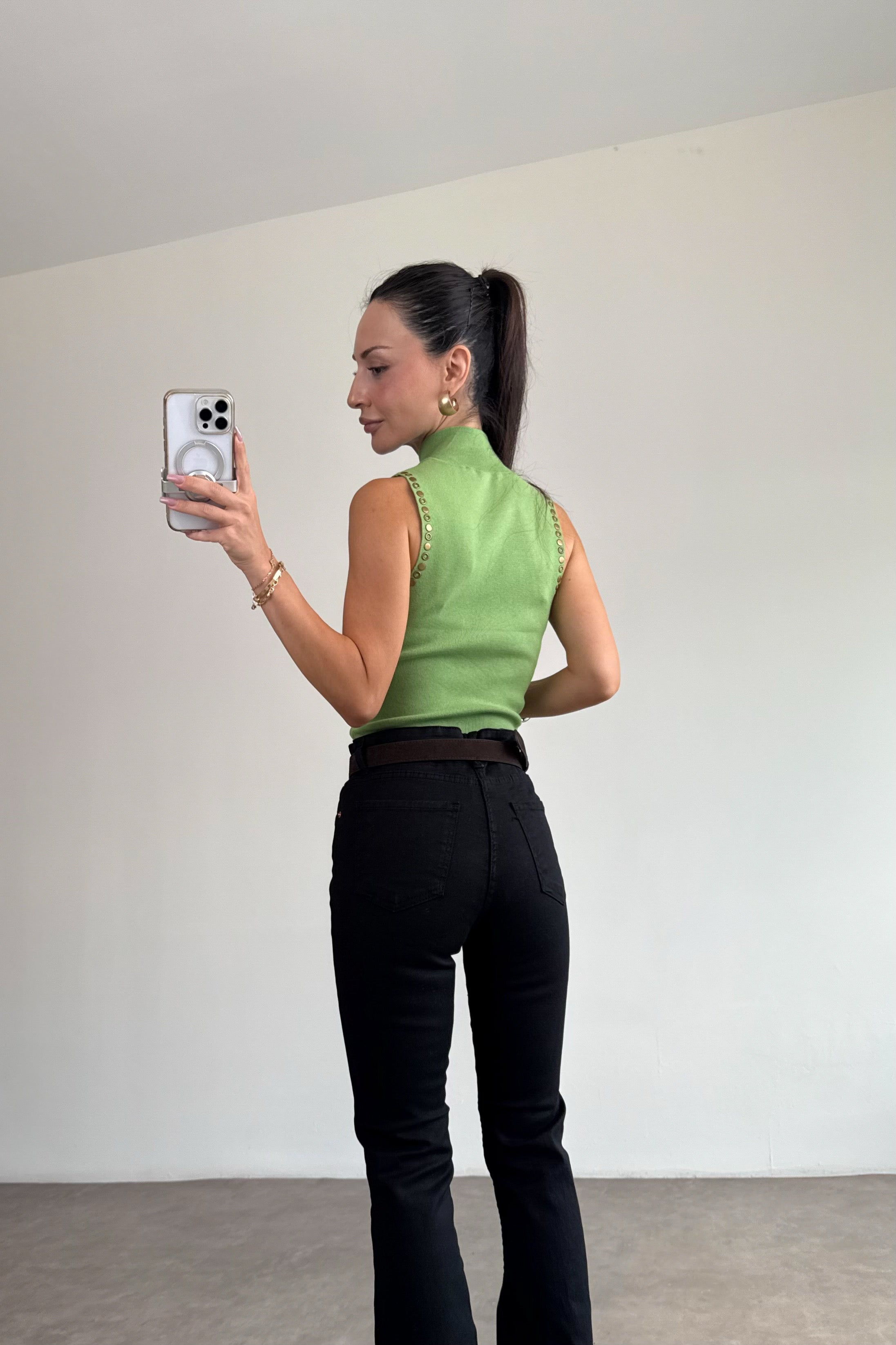 Modal Dokulu Örme Yeşil Zımbalı Dik Yaka Body