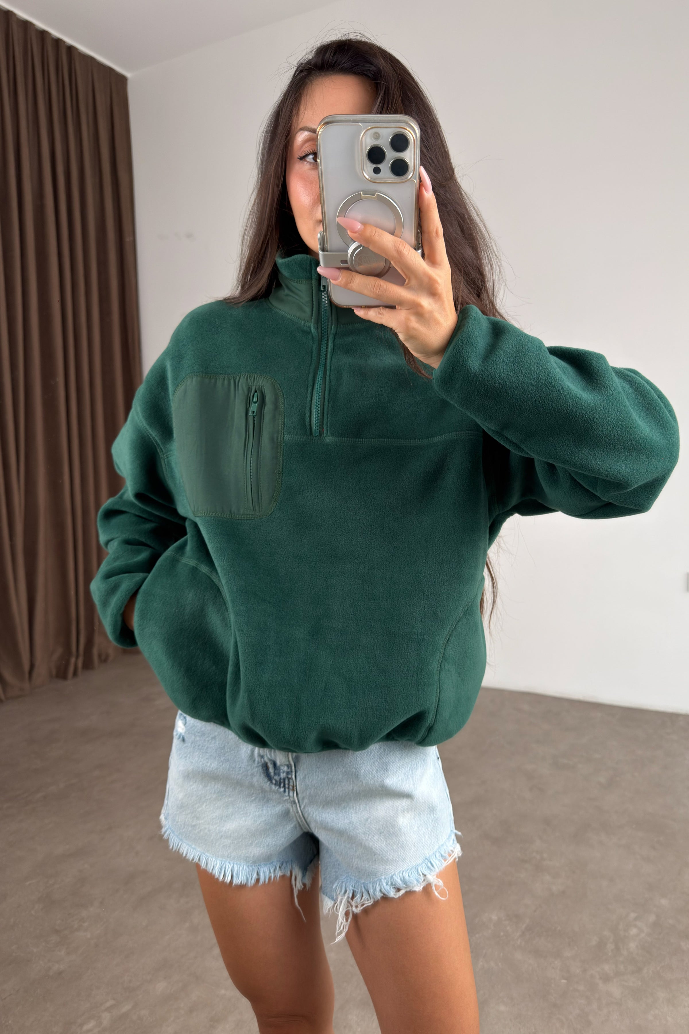 Fermuarlı Dik Yakalı Yeşil Polar Sweat