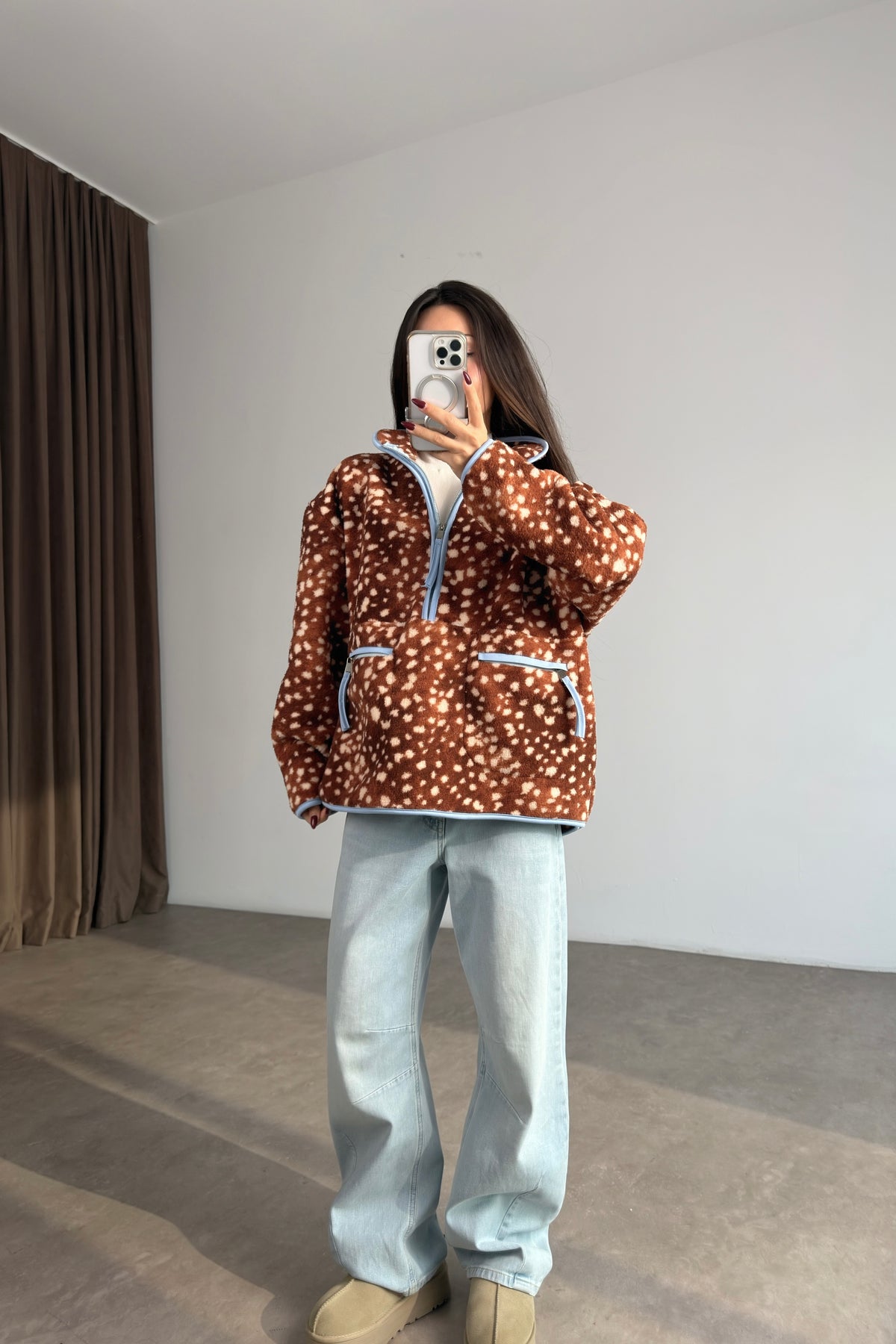 Kanguru Cepli Mavi Biyeli Bambi Teddy Ceket