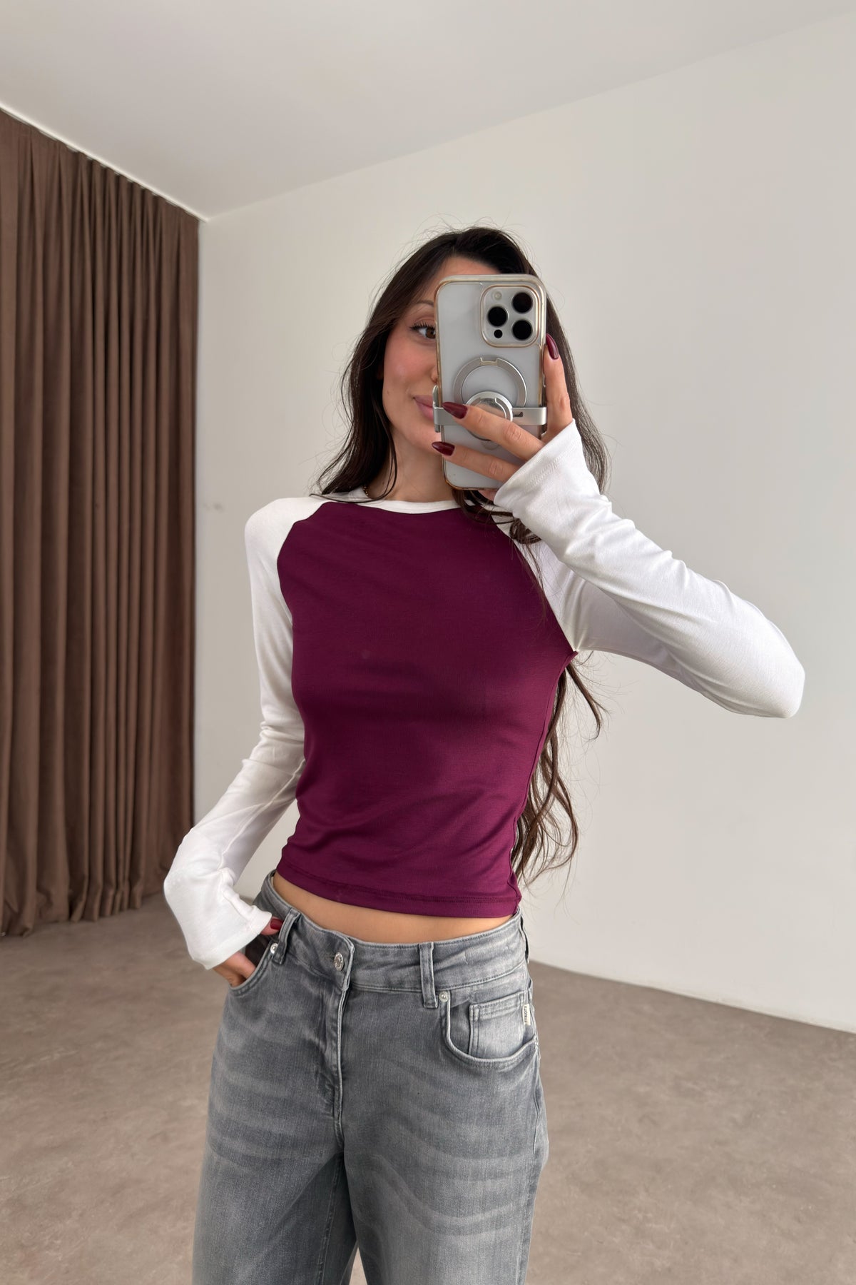 Raglan Kollu Beyaz Mürdüm Body