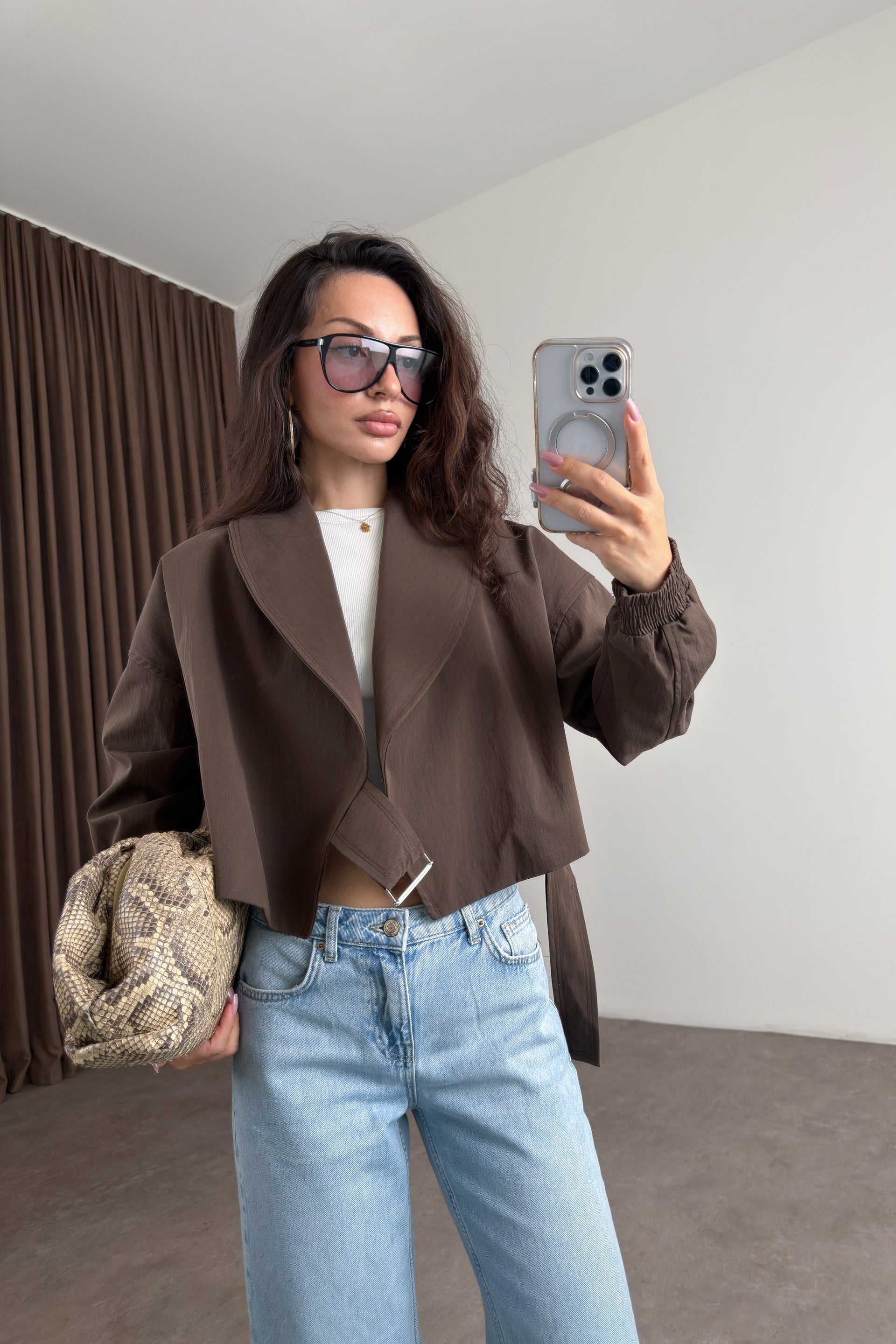 Kruvaze Kesim Şal Yaka Kemerli Walnut Bomber Trençkot