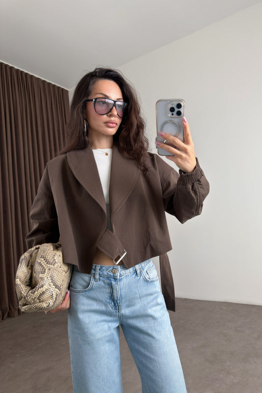 Kruvaze Kesim Şal Yaka Kemerli Walnut Bomber Trençkot