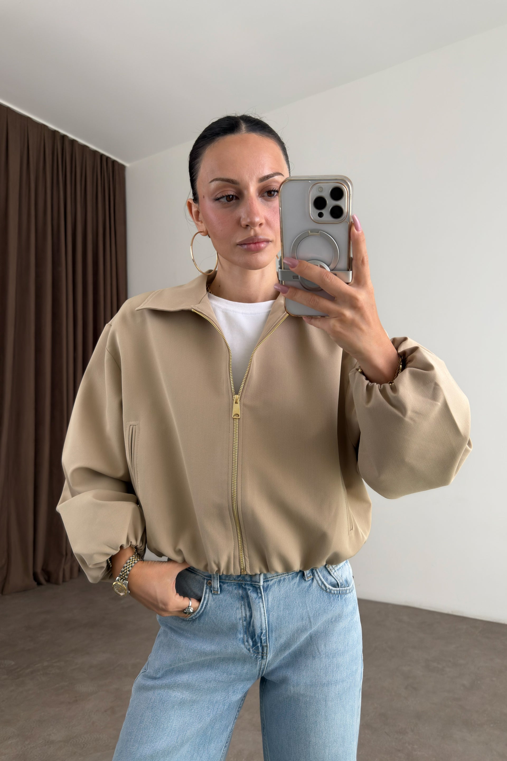Premium Polo Yaka Bej Bomber Ceket