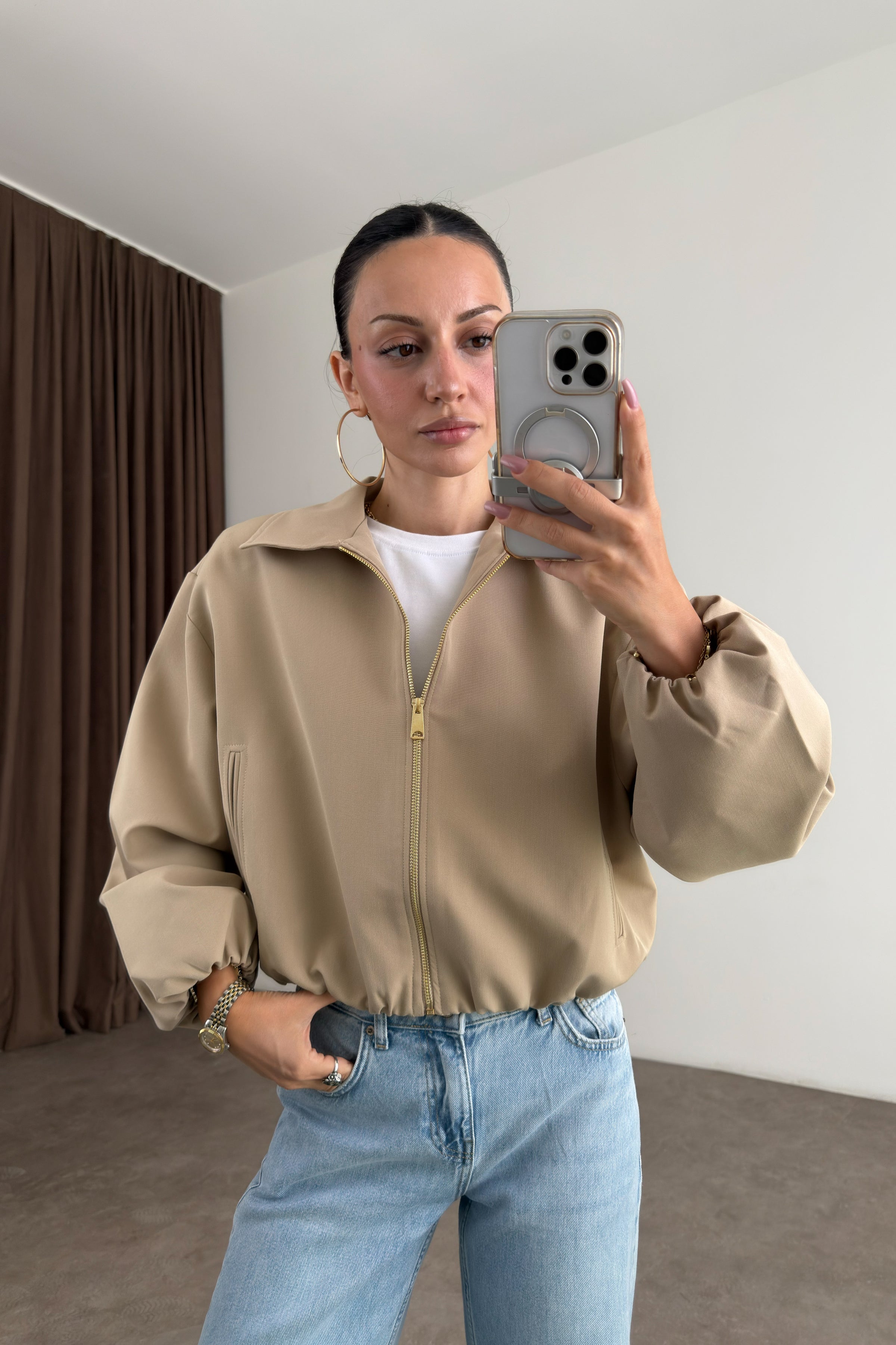 Premium Polo Yaka Bej Bomber Ceket