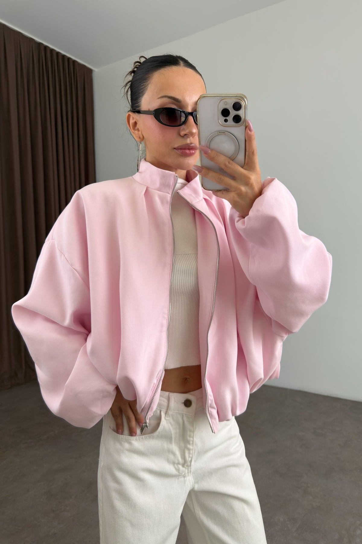 Bomber Dik Yaka Fermuarlı Pembe Ceket