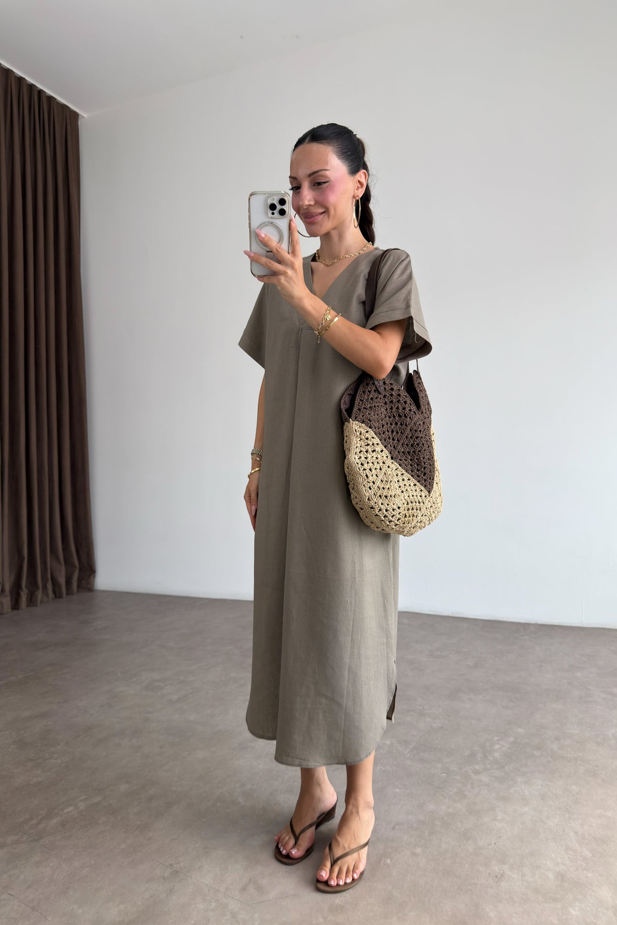 Premium Linen Keten Elbise Vizon