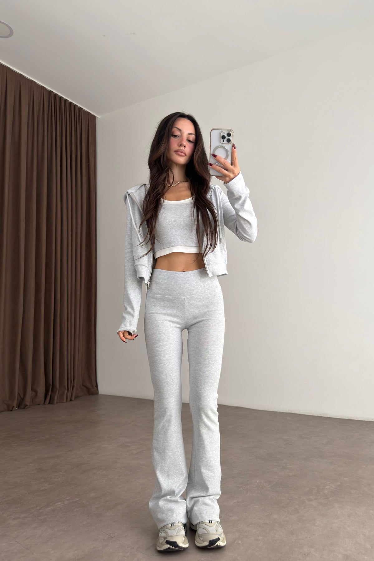 Flare Pantolon Ceket 3'lü Gri Spor Takım