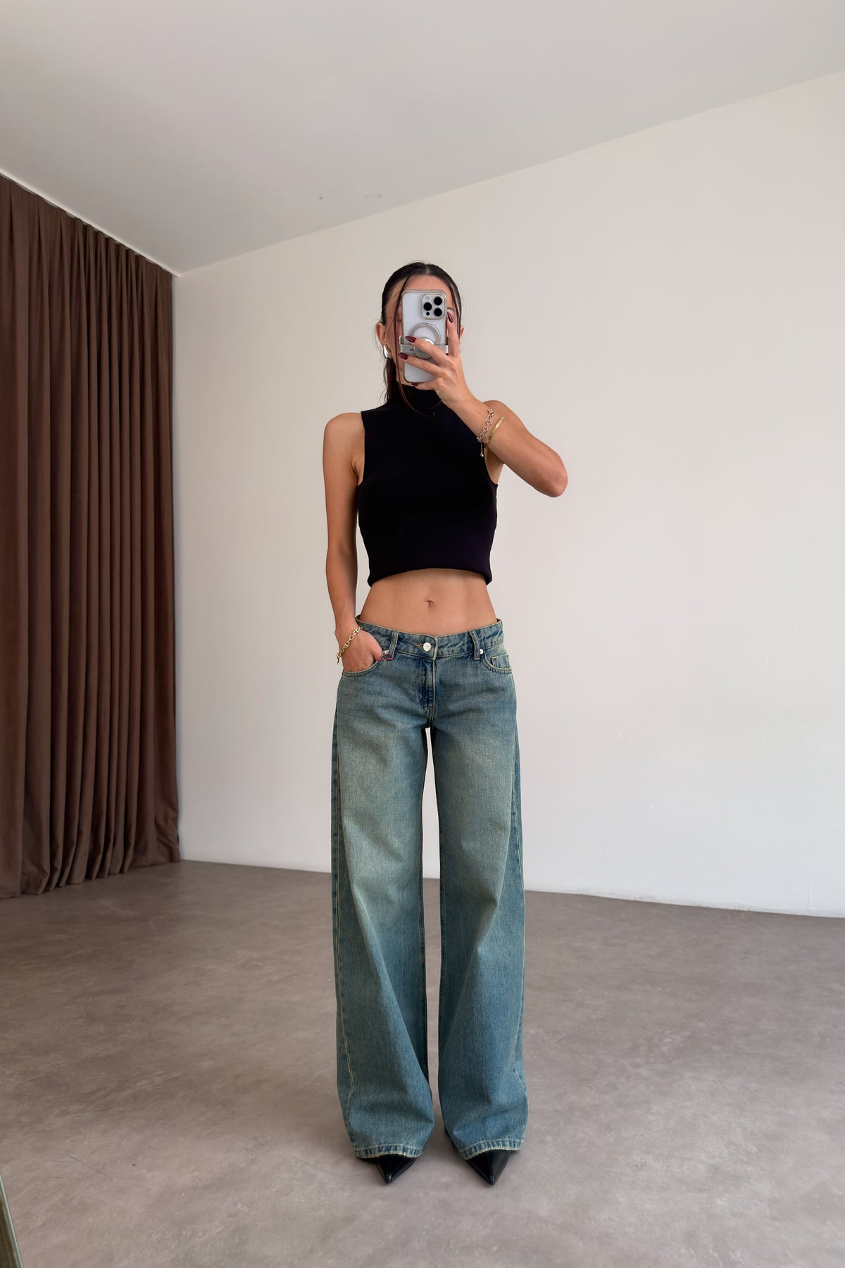 Premium Düşük Bel Vintage Blue Baggy Jean