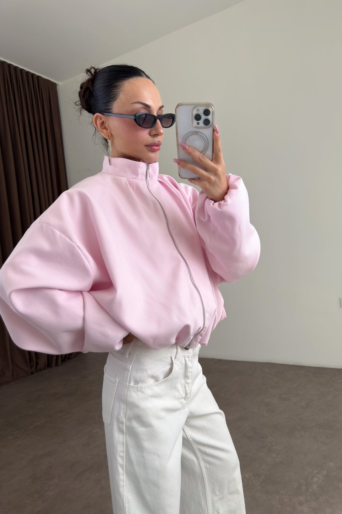 Bomber Dik Yaka Fermuarlı Pembe Ceket
