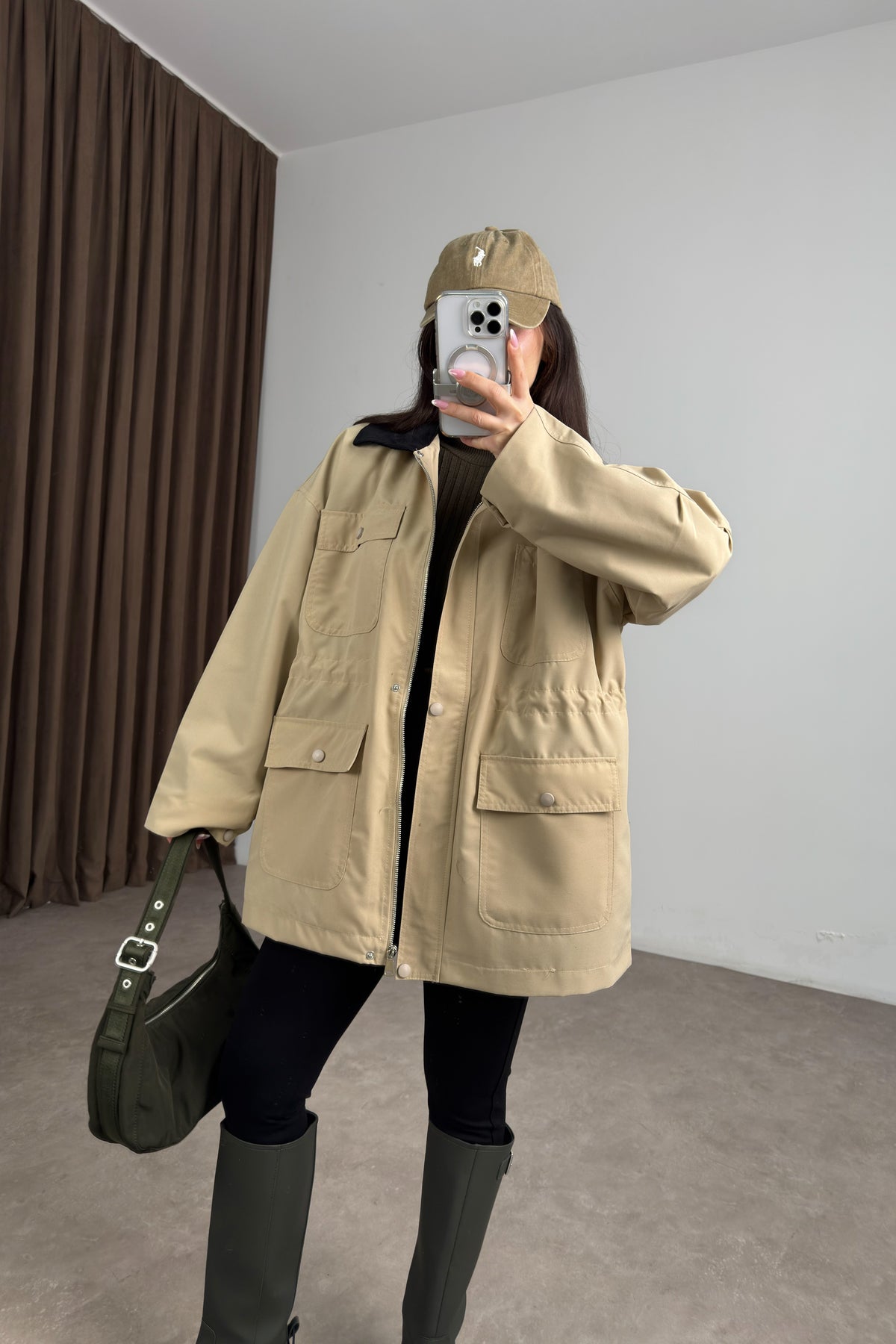 Premium Kadife Yakalı Ekose Astarlı Büzgülü Bej Parka