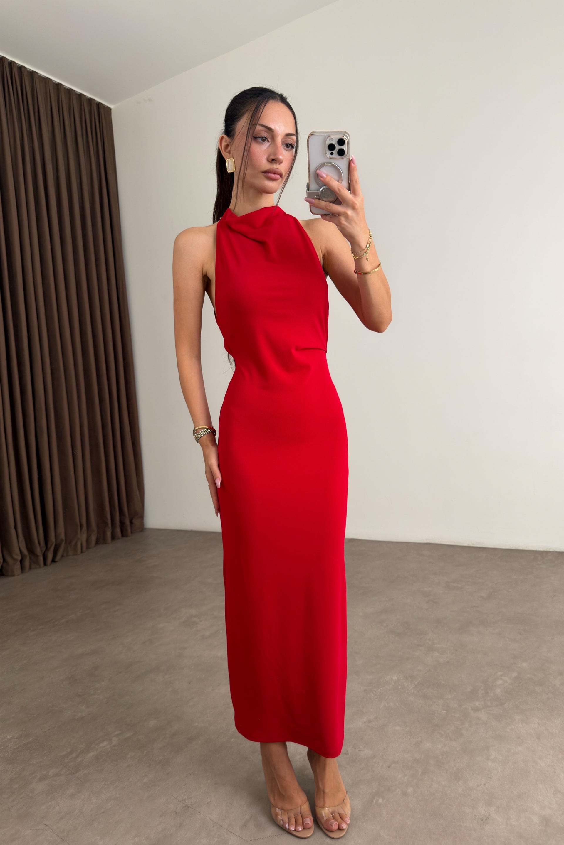 Zr Halter Yaka Sırt Dekolteli Midi Kırmızı Elbise