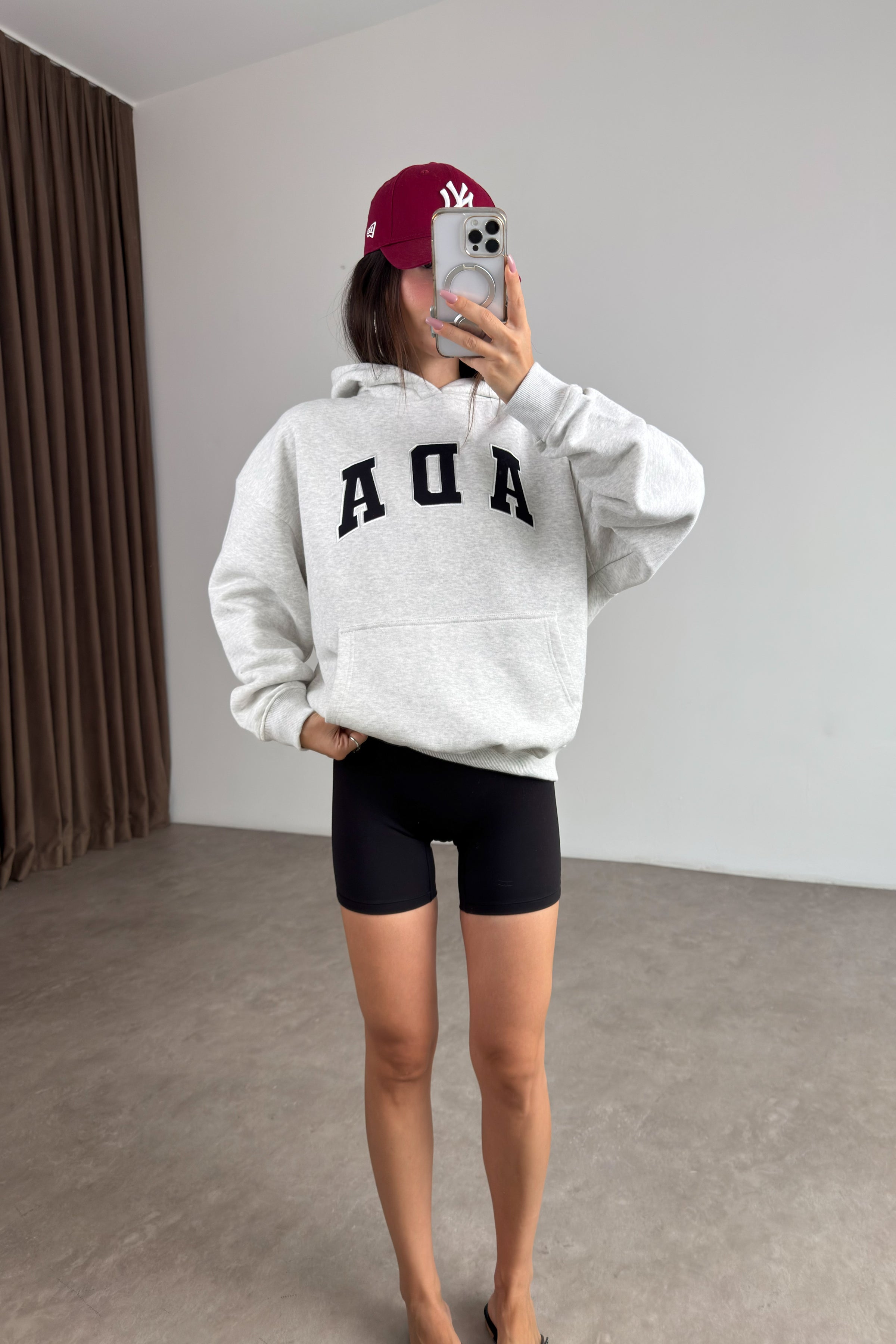 Orijinal Marka Ada Gri Melanj Kapüşonlu Şardonlu Sweatshirt