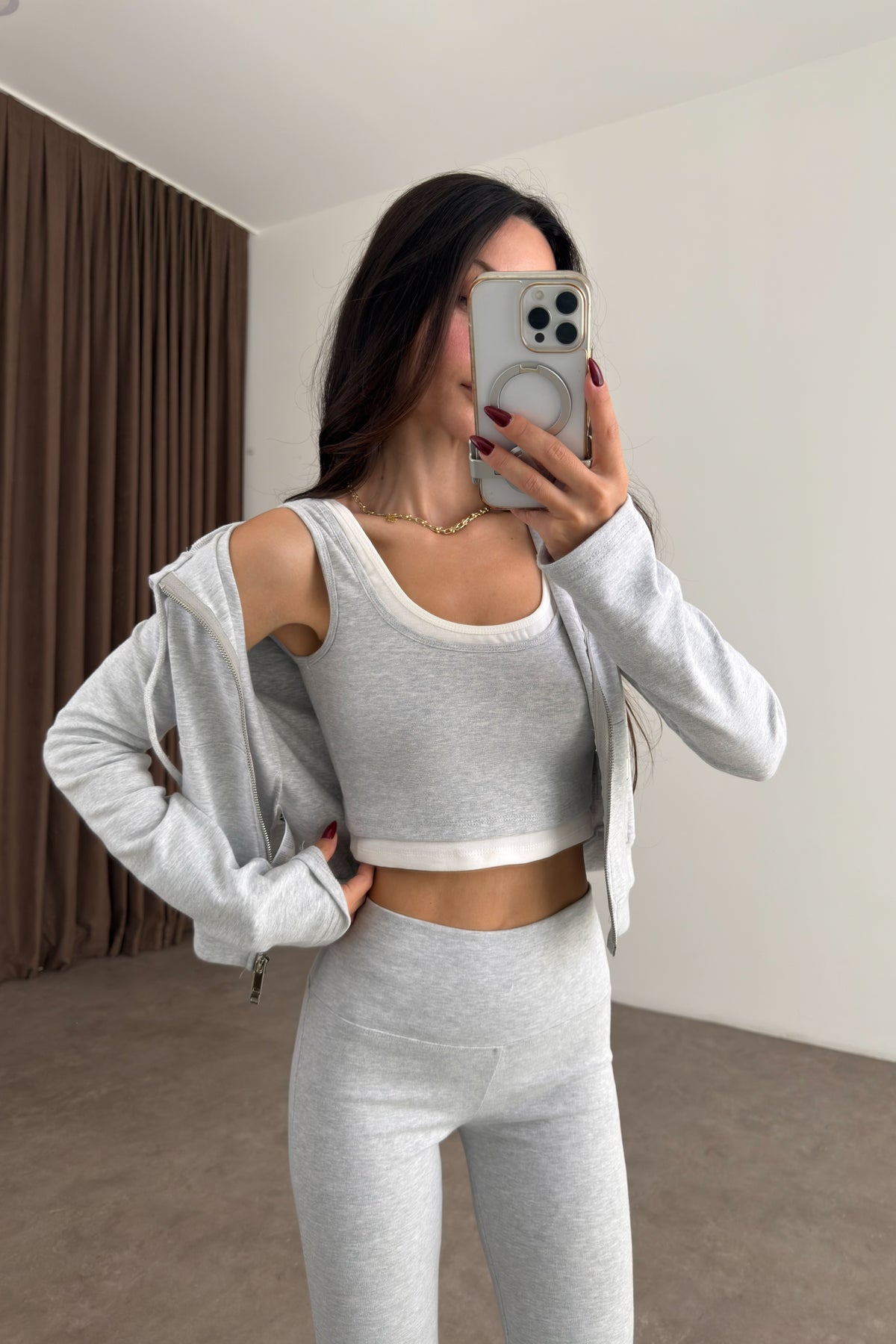 Flare Pantolon Ceket 3'lü Gri Spor Takım