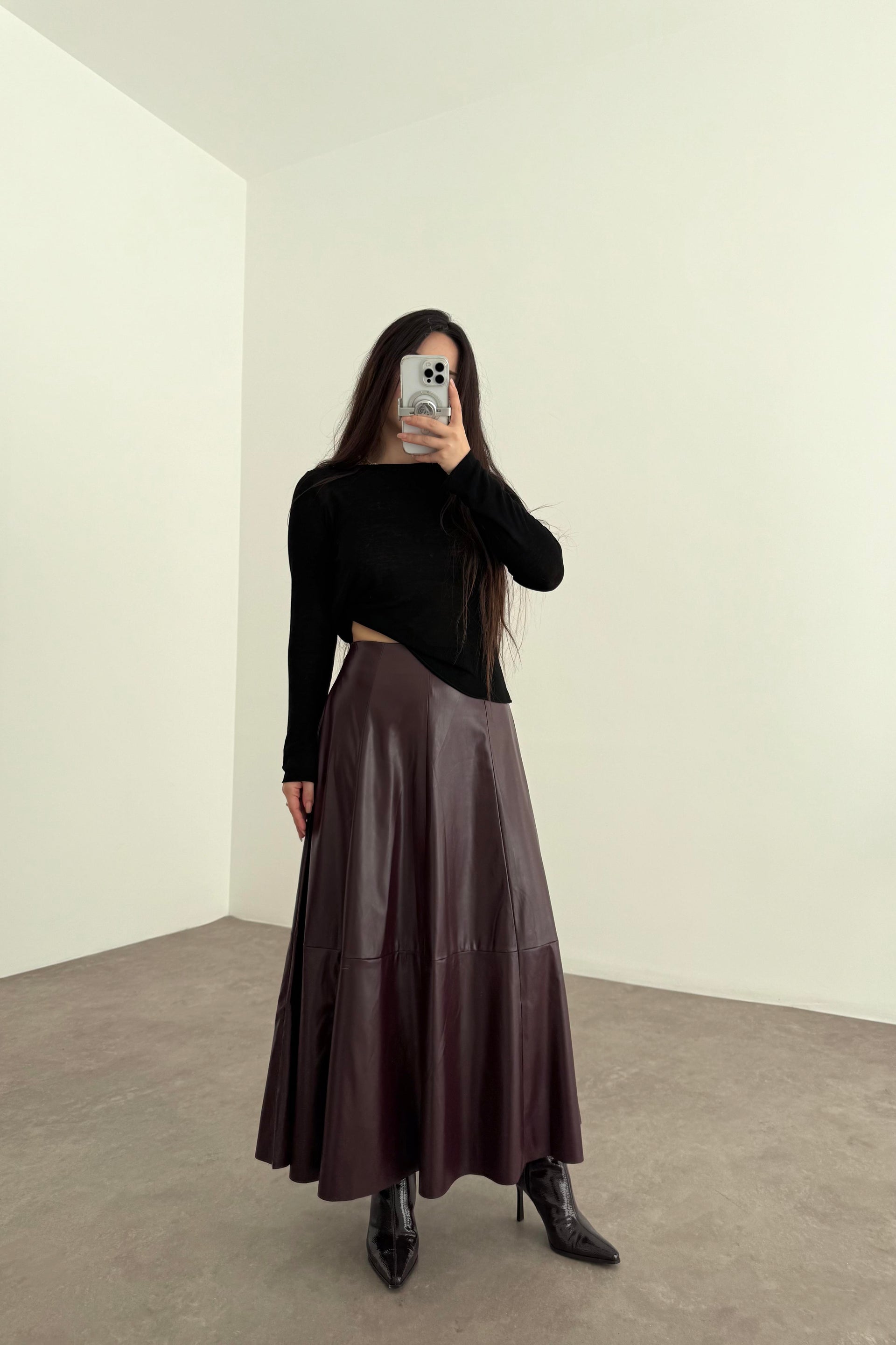 A Kesim Midi Bordo Deri Etek