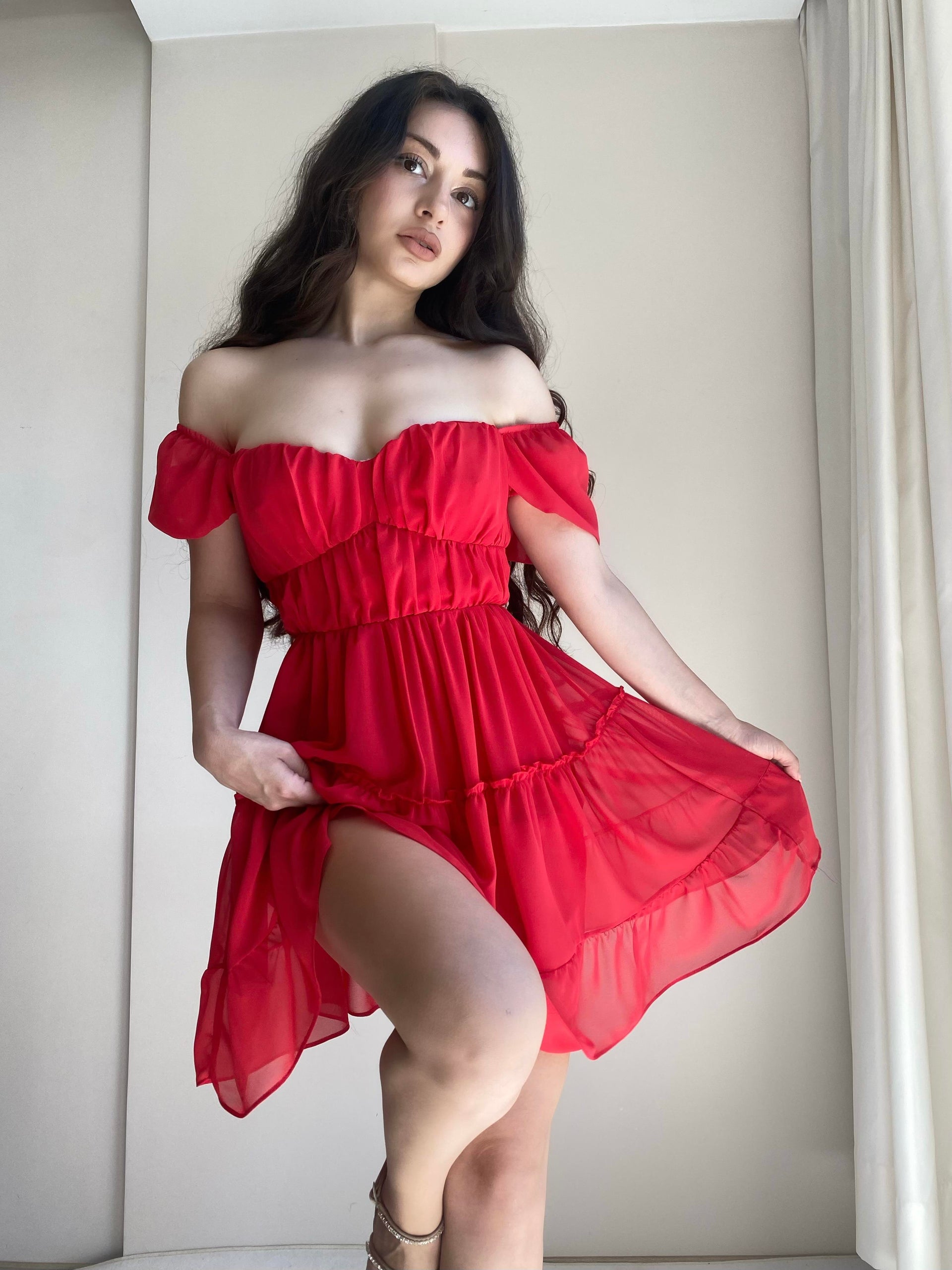 Ariel Romantik Kırmızı Şifon Elbise