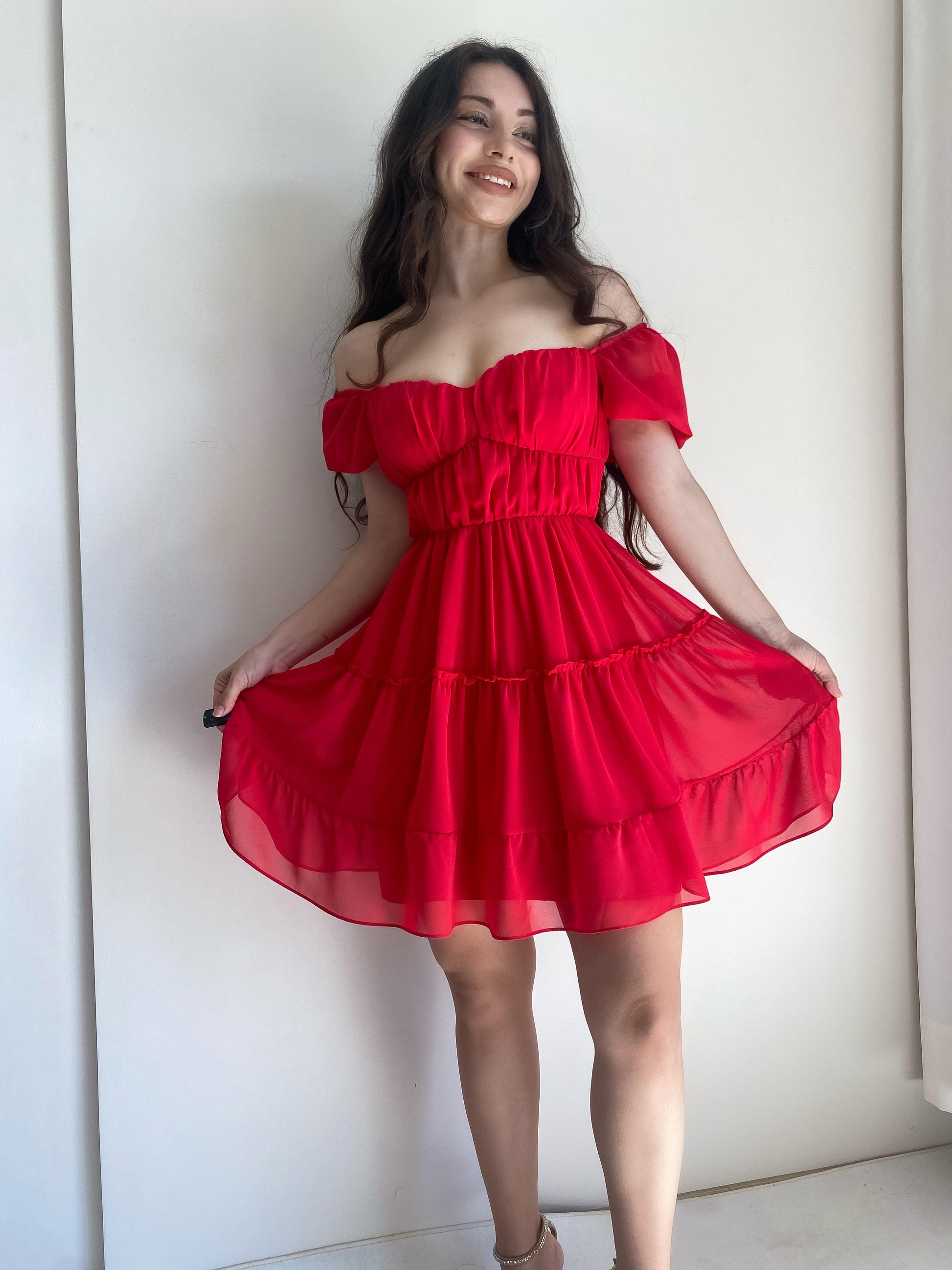 Ariel Romantik Kırmızı Şifon Elbise