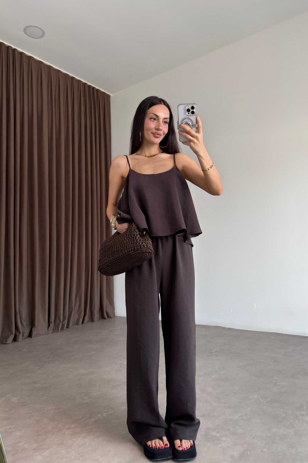 Askılı Bluz Pantolon Dökümlü Acı Kahve Takım