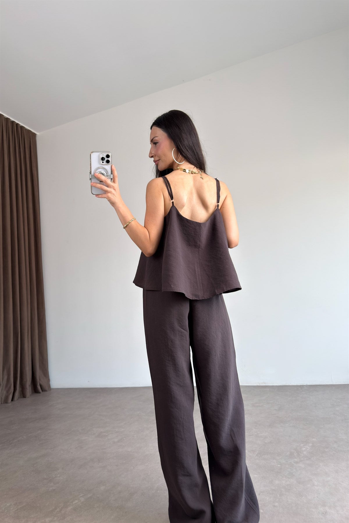 Askılı Bluz Pantolon Dökümlü Acı Kahve Takım