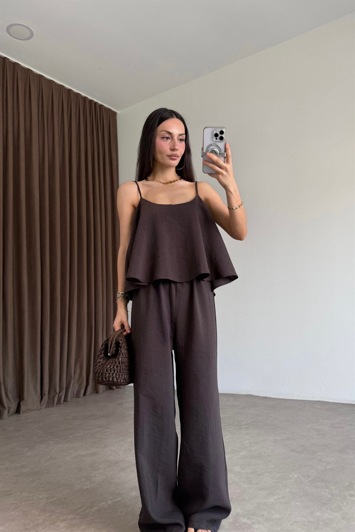 Askılı Bluz Pantolon Dökümlü Acı Kahve Takım