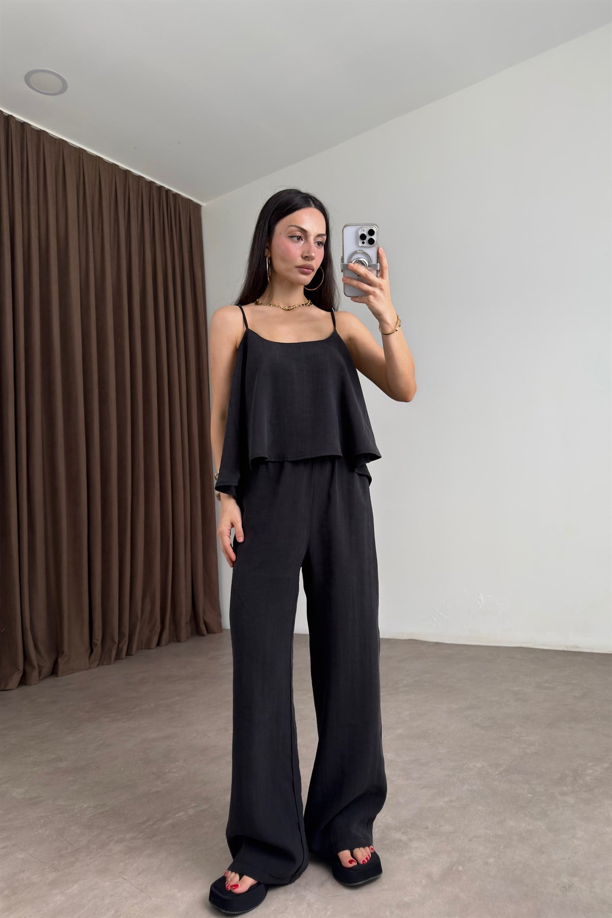 Askılı Bluz Pantolon Dökümlü Siyah Takım