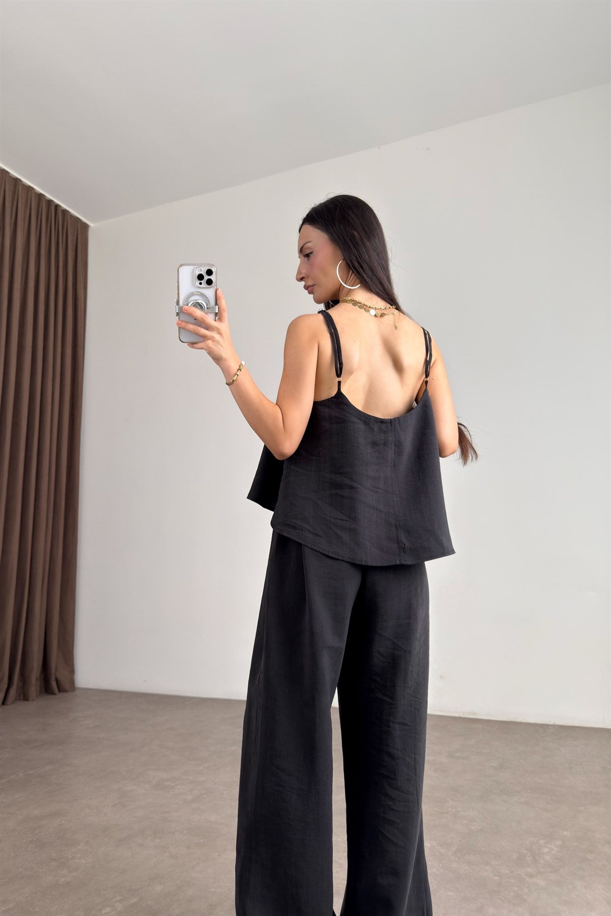 Askılı Bluz Pantolon Dökümlü Siyah Takım
