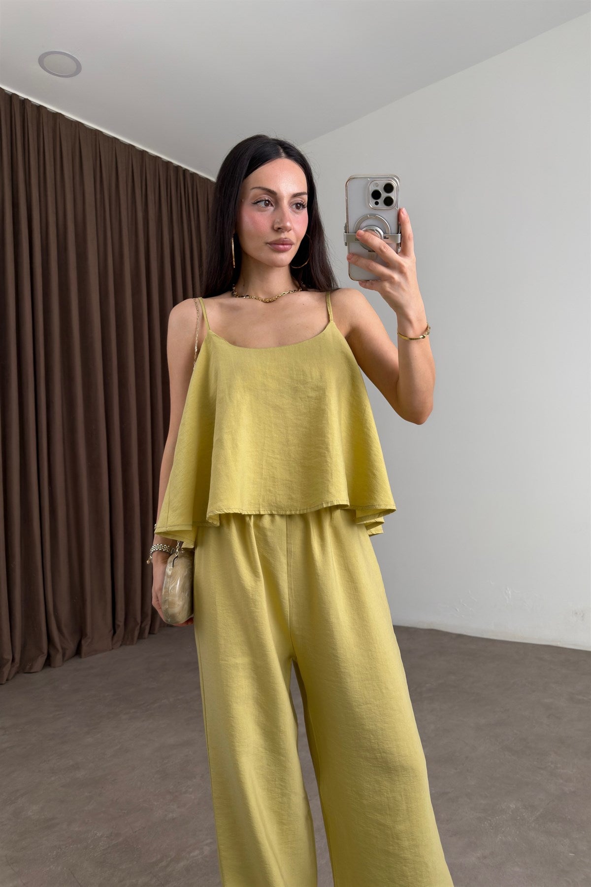 Askılı Bluz Pantolon Dökümlü Yeşil Takım