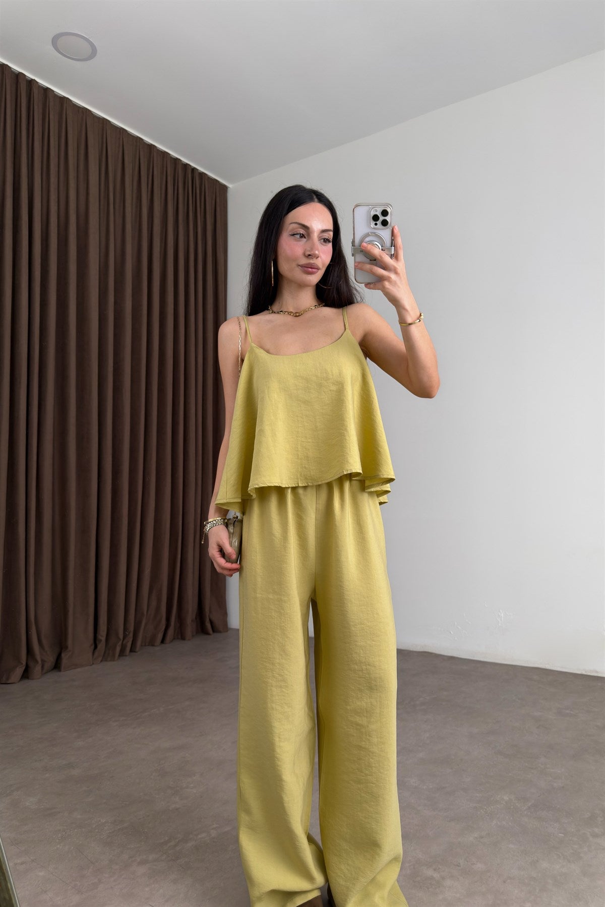 Askılı Bluz Pantolon Dökümlü Yeşil Takım