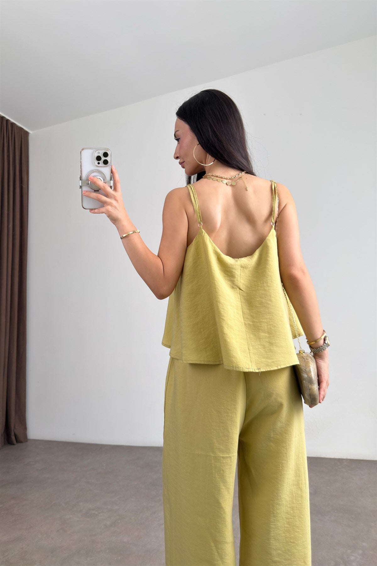 Askılı Bluz Pantolon Dökümlü Yeşil Takım