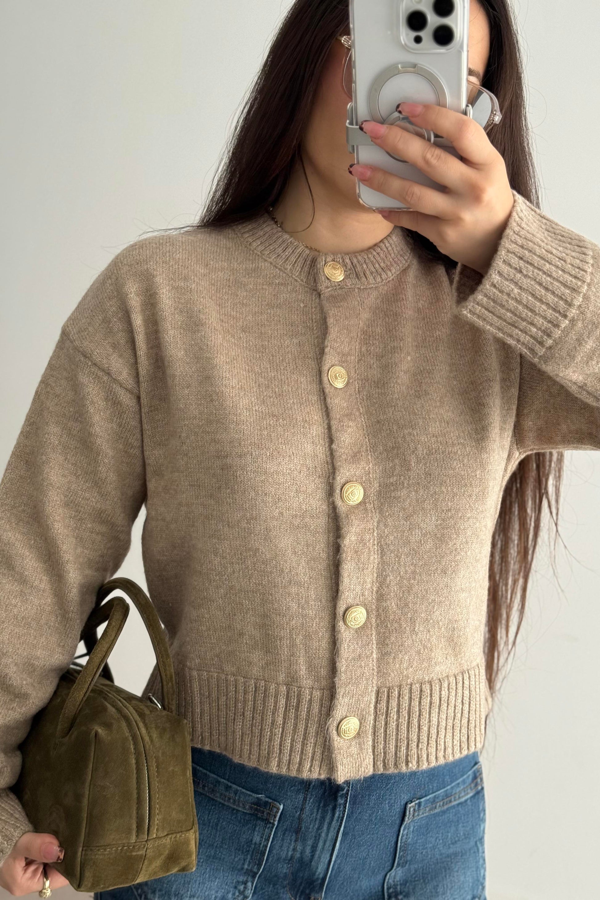 Asos Orj. Bej Yünlü Gold Düğmeli Hırka