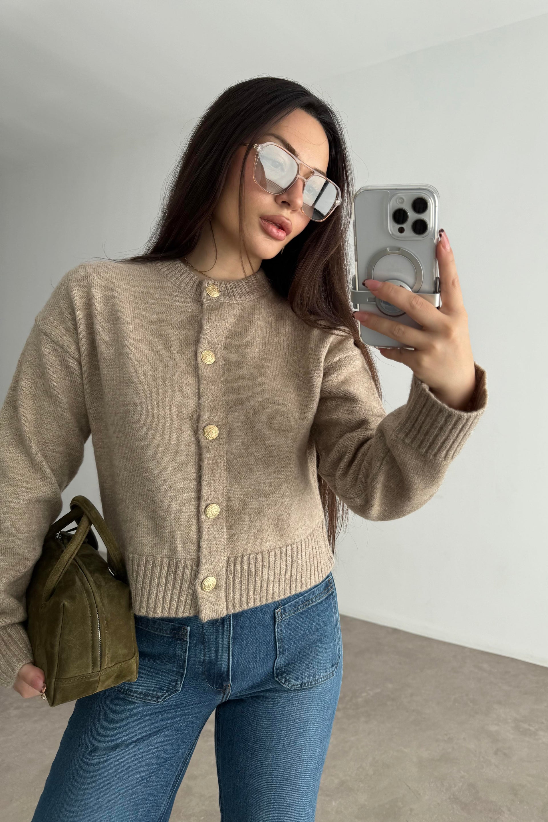Asos Orj. Bej Yünlü Gold Düğmeli Hırka