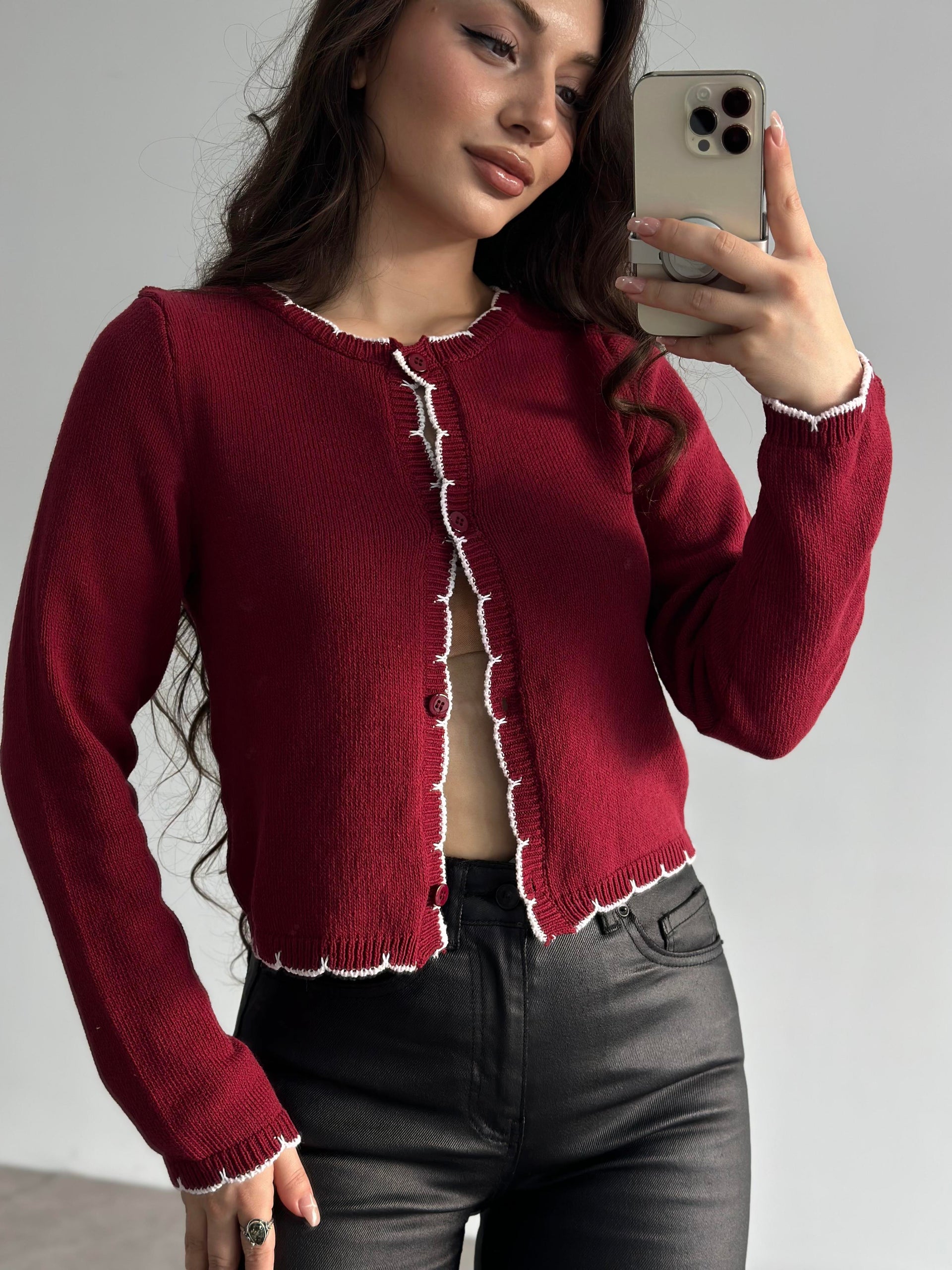 Orj. Bordo Dantel Modelli Hırka