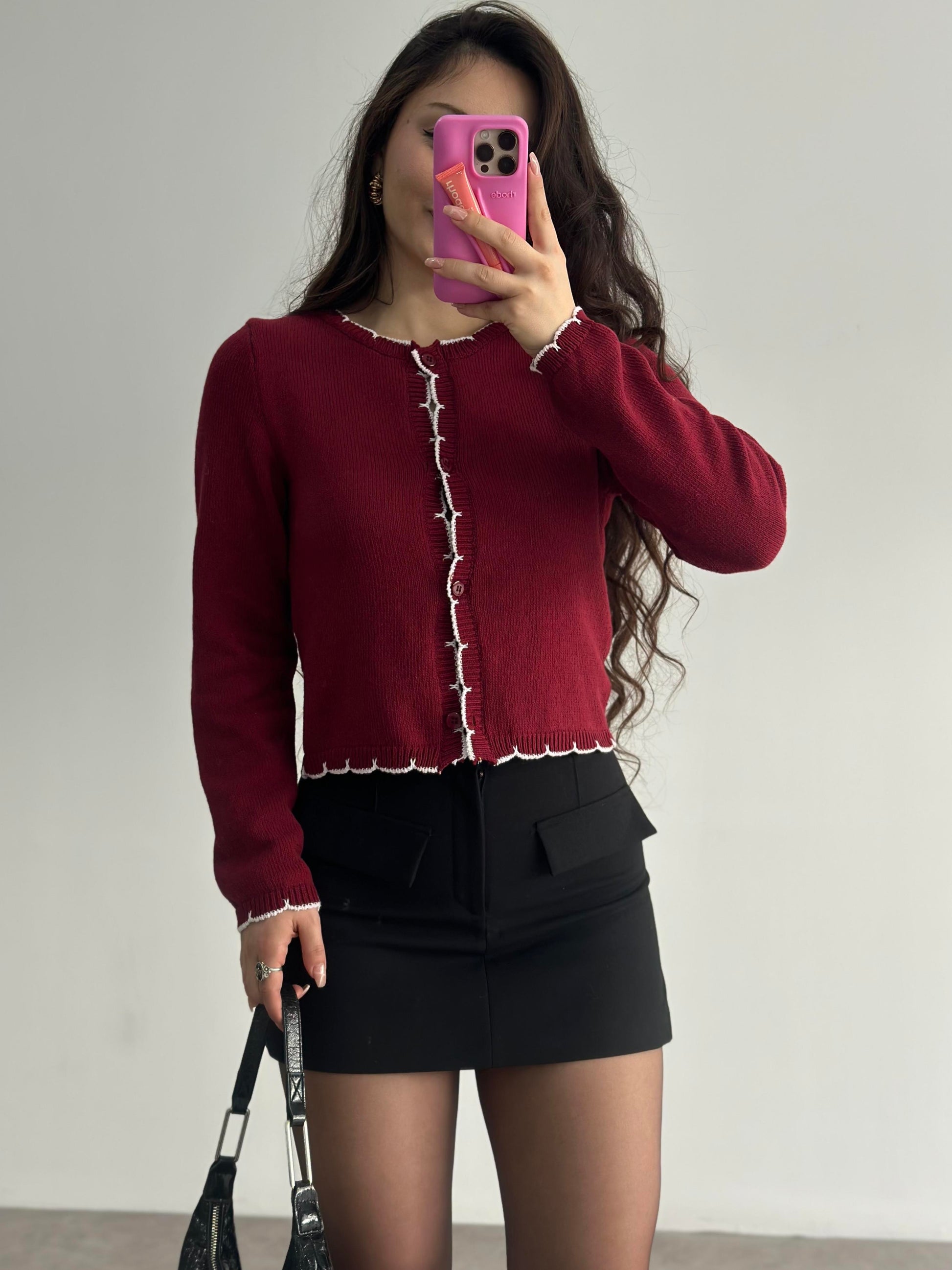 Orj. Bordo Dantel Modelli Hırka