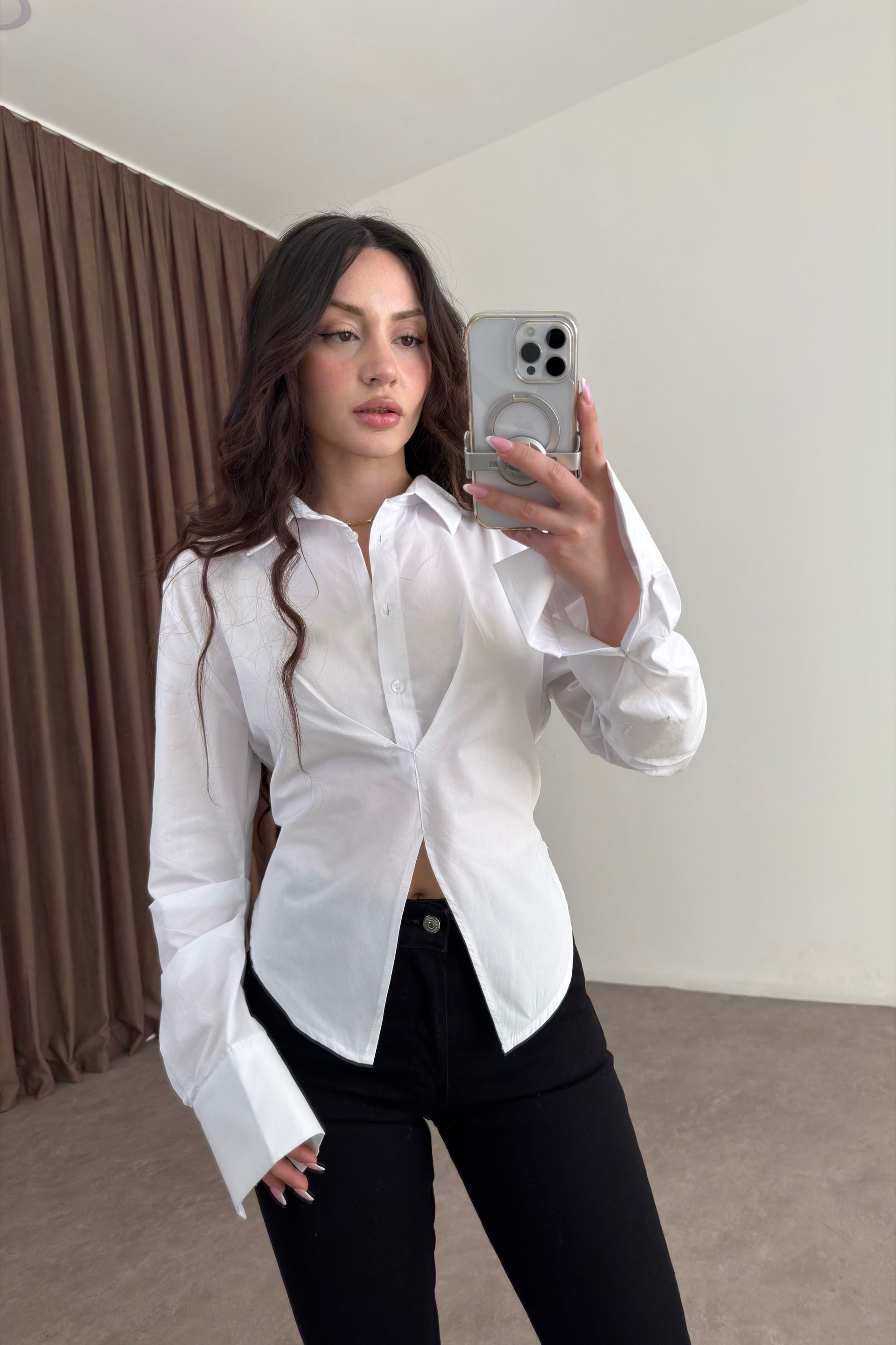 Bağlama Detaylı Beyaz Poplin Gömlek