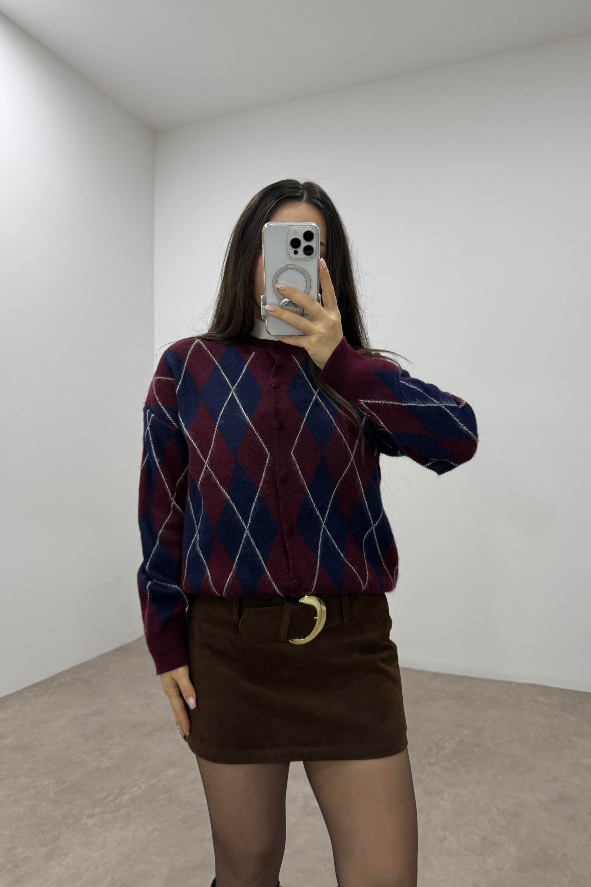 Baklava Desenli Lacivert Bordo Düğmeli Hırka