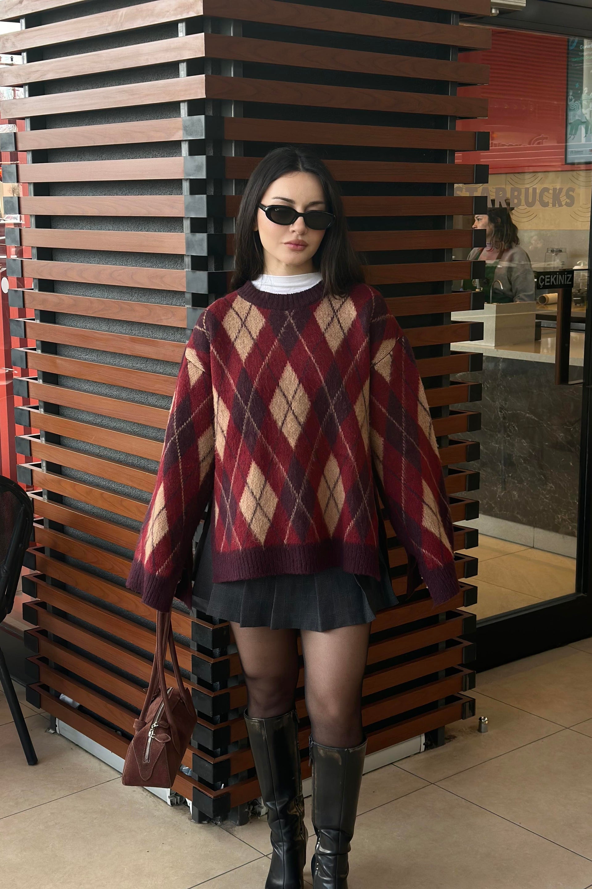 Baklava Desenli Yırtmaçlı Yün Krem/Bordo Premium Kazak